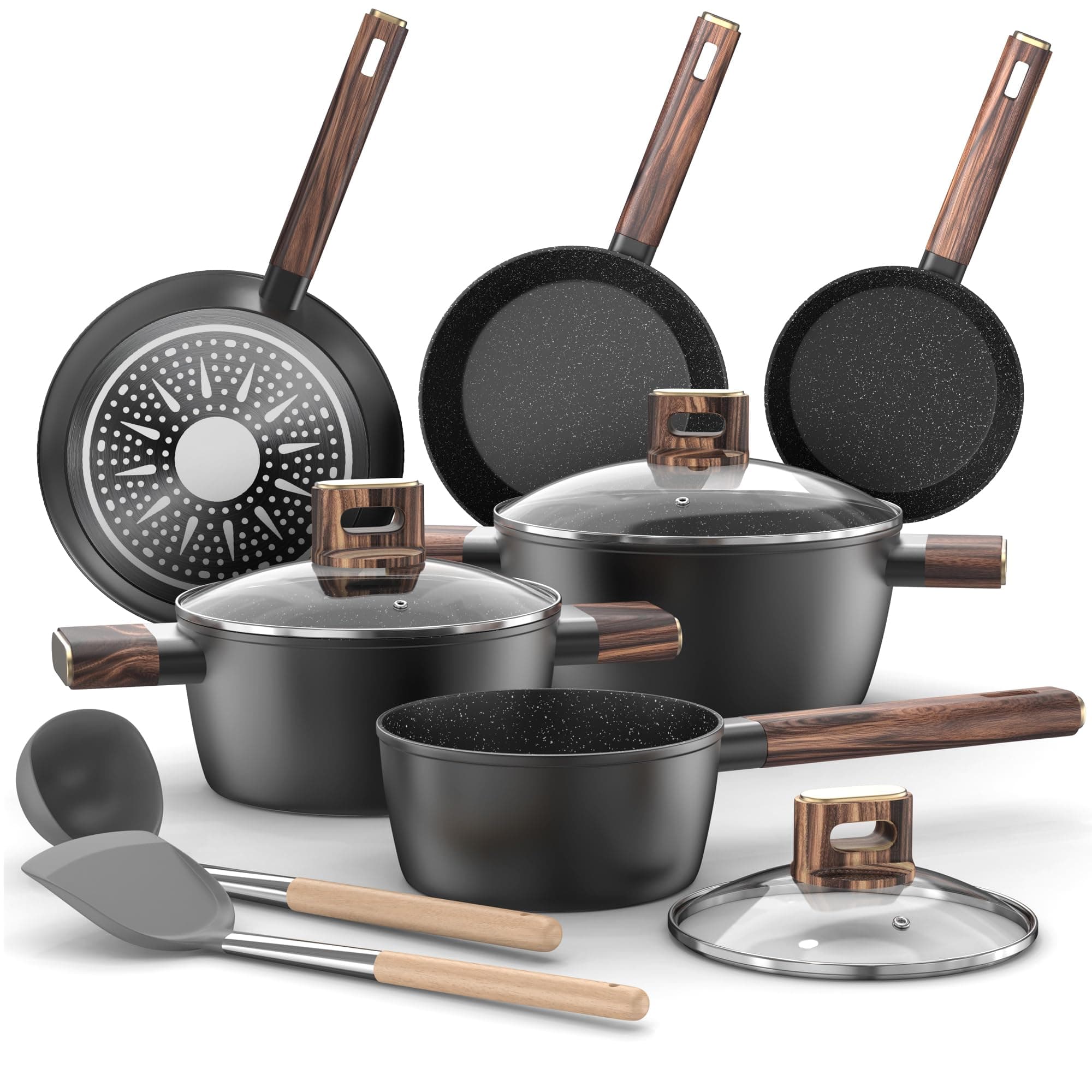 Batería de Cocina - 11Piezas Juego de Ollas y Sartenes Aluminio Antiadherente, Sartene de 20cm y 28cm, Wok de 24cm, Cacerola de 16/20/24 cm con Tapas, para Todas las Cocinas, Inducción Topbooc