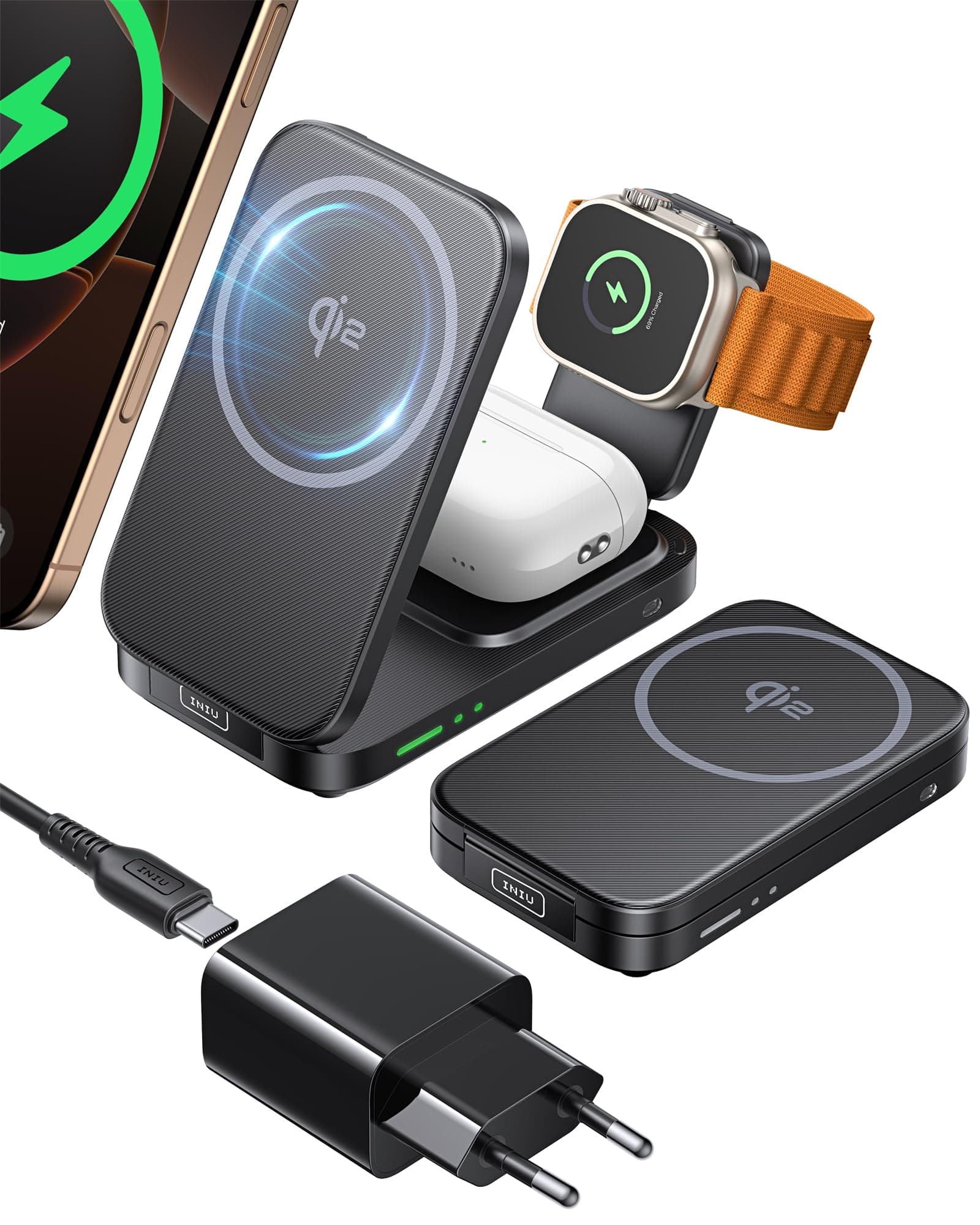 INIU Caricatore Wireless 3 in 1, 15W Certificato Qi2 Stazione di Ricarica Magnetica Pieghevole da Viaggio, Caricabatterie con MagSafe per iPhone 17/16/15/14/13/12 Serie, Apple Watch, AirPods Pro/4/3/2