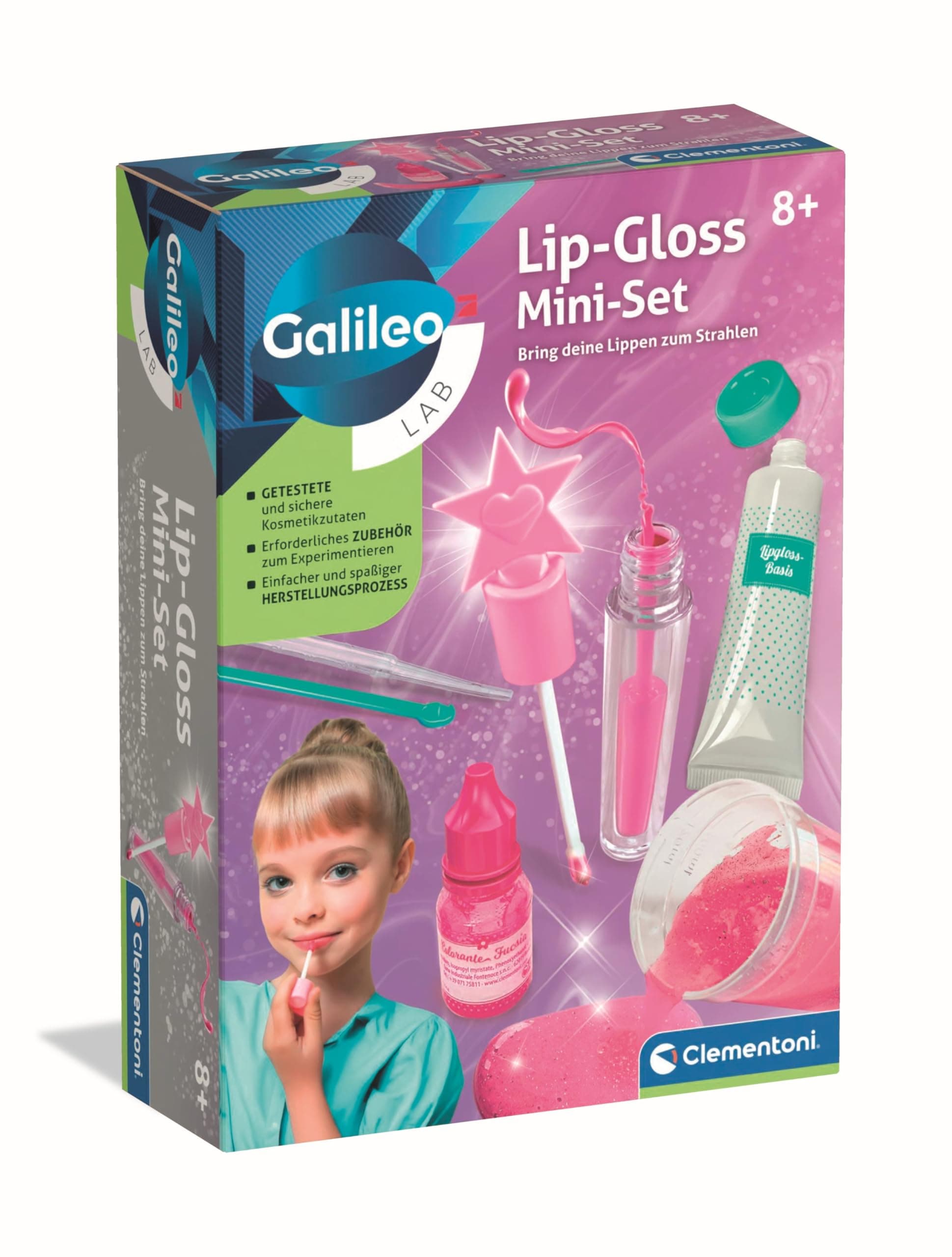 Clementoni Galileo Lab Lip-Gloss Mini Set - Lipgloss selbst herstellen mit echten, sicheren Inhaltsstoffen - Experimentier-Set ab 8 Jahren 59444