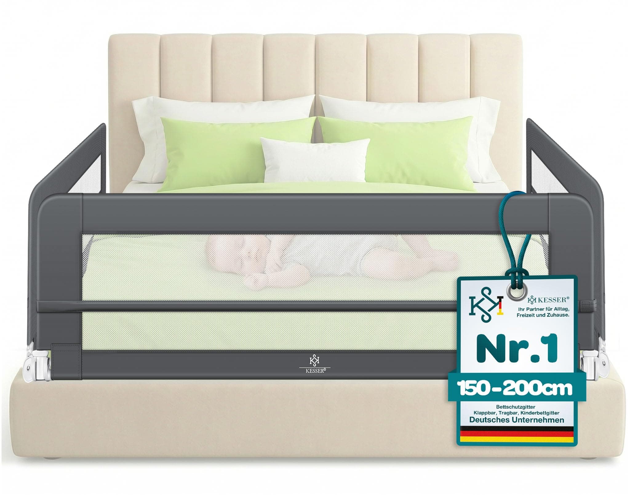 KESSER® Bettgitter 150 cm Bettschutzgitter Kinderbettgitter für Kinder Babybettgitter Klappbar, Tragbar, Kinderbett Kinderbettschutzgitter Rausfallschutz, Bett & Elternbett hoch: 42 cm, Dunkelgrau