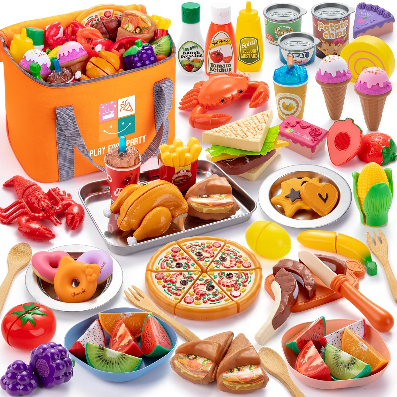 Juboury Accessoire Cuisine Enfant, 56 PCS Kit Cuisine Enfant, avec des Fruits de Mer, Desserts, Pizzas, Fruits et Legumes Jeux, Jeux de Rôle Montessori, Cadeau Fille Garcon 3 4 5 6 7 Ans