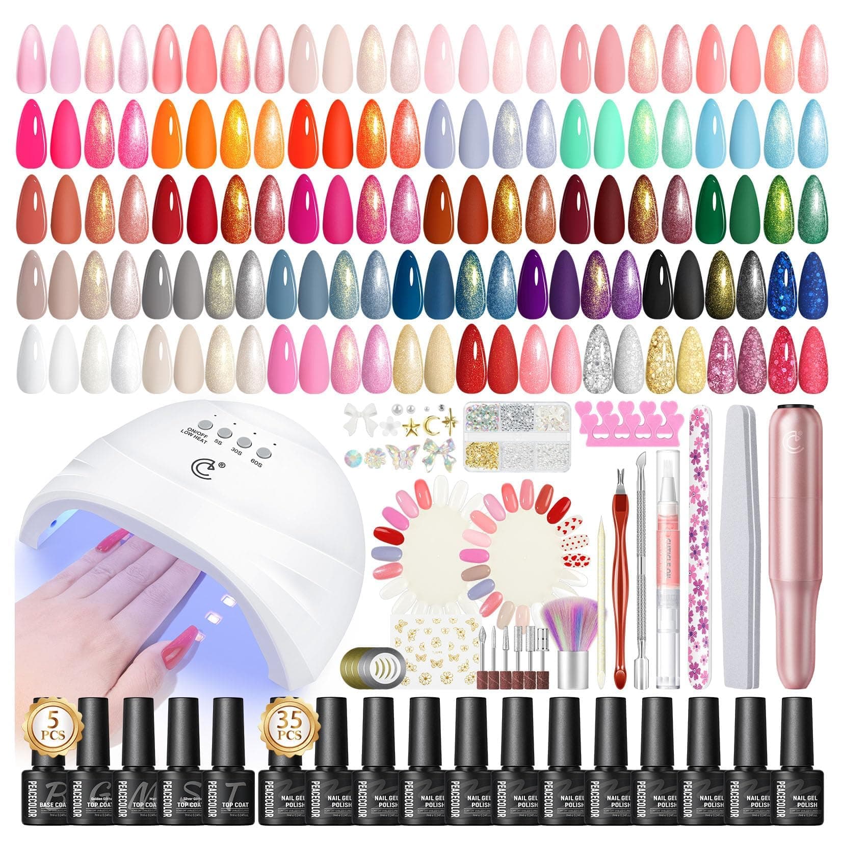 PEACECOLOR 65Pcs Kit Ongle Gel UV Complet avec Lampe Ponceuse pour Ongles, 35 Couleus Vernis Semi permanent Nude Rouge Bleu Marron Vert et Base Top Coat Kit de Manucure pour Débutant