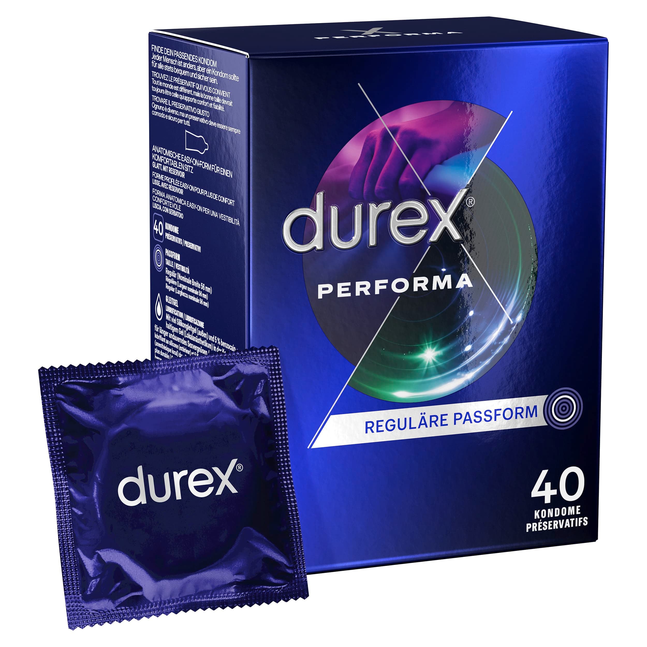 Durex Performa Kondome – Angenehmen Geruch, komfortablen Sitz und leichtes Abrollen – Mit 5% benzocainhaltigem Gel in der Kondomspitze – Befeuchtet & transparent – 40er Pack (1 x 40 Stück)