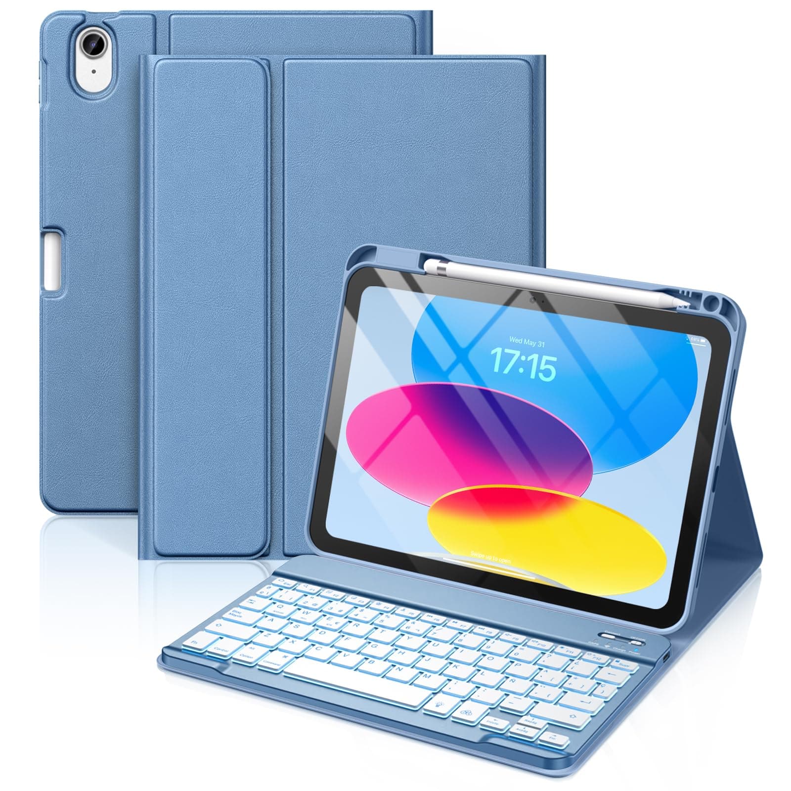 Vobafe Teclado for iPad 10 Generación 2022/11 Generación A16 2025 (10.9/11 Pulgada), QWERTY Español Ñ, Retroiluminado de 7 Colores Bluetooth Magnéticamente Teclado para iPad 10/11 Gen, Azul