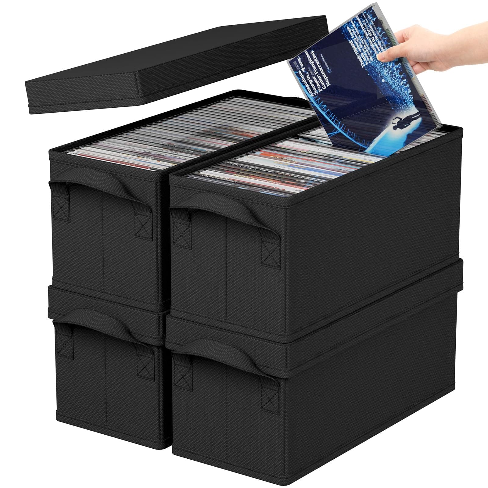 Lifewit CD Aufbewahrungsbox, Stapelbarer CD Aufbewahrungsbehälter, faltbarer CD Behälter mit Deckel, fasst bis zu 120 CDs 30 Stück pro Einheit für Haus und Auto,33.5 x 15 x 13.5cm,4er Pack