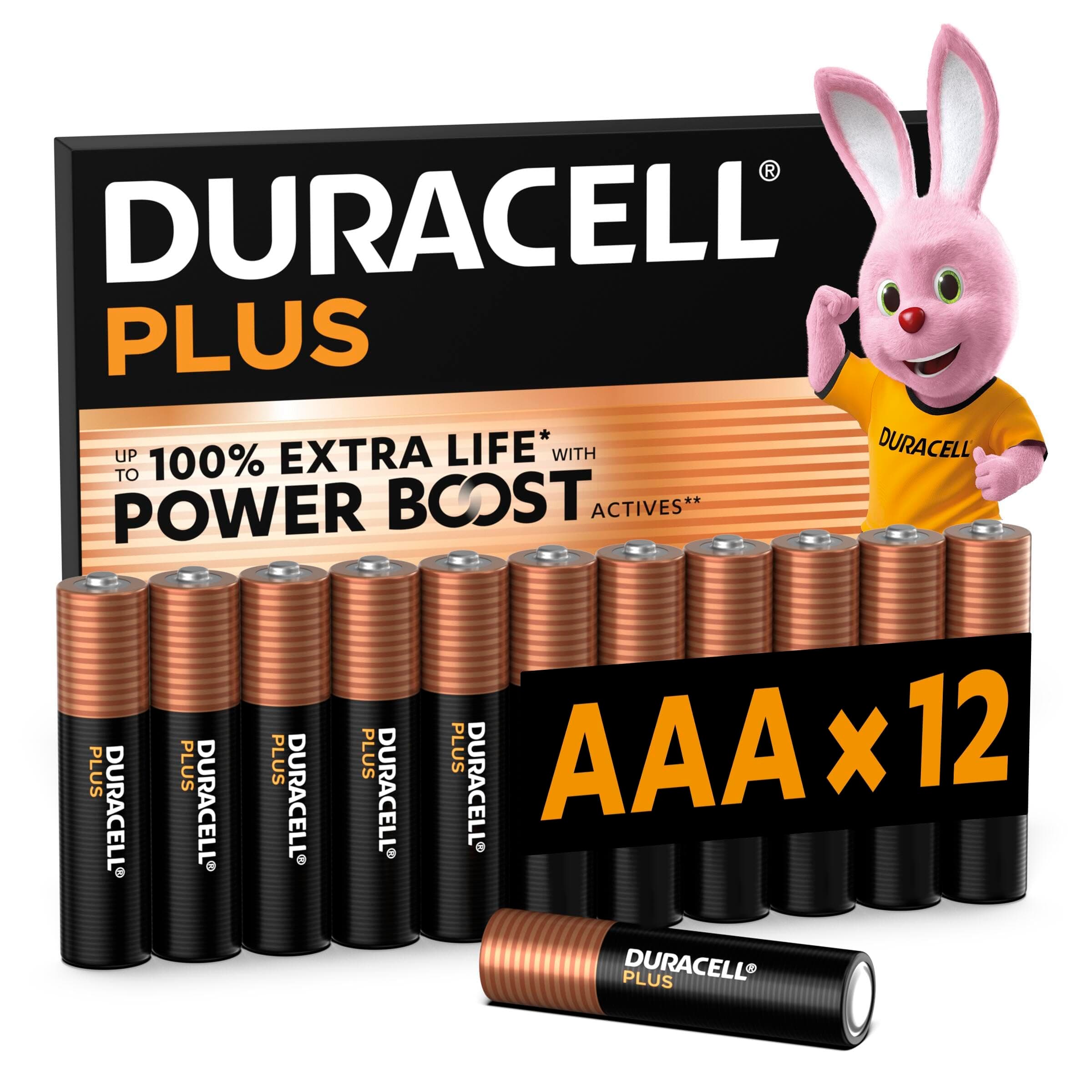 DURACELL Plus Pilas AAA (Paquete de 12) – Pilas alcalinas 1,5 V–Hasta un 100 % de duración extra con activos POWER BOOST–Fiabilidad para dispositivos cotidianos–Envase con 0 % de plástico–MN2400