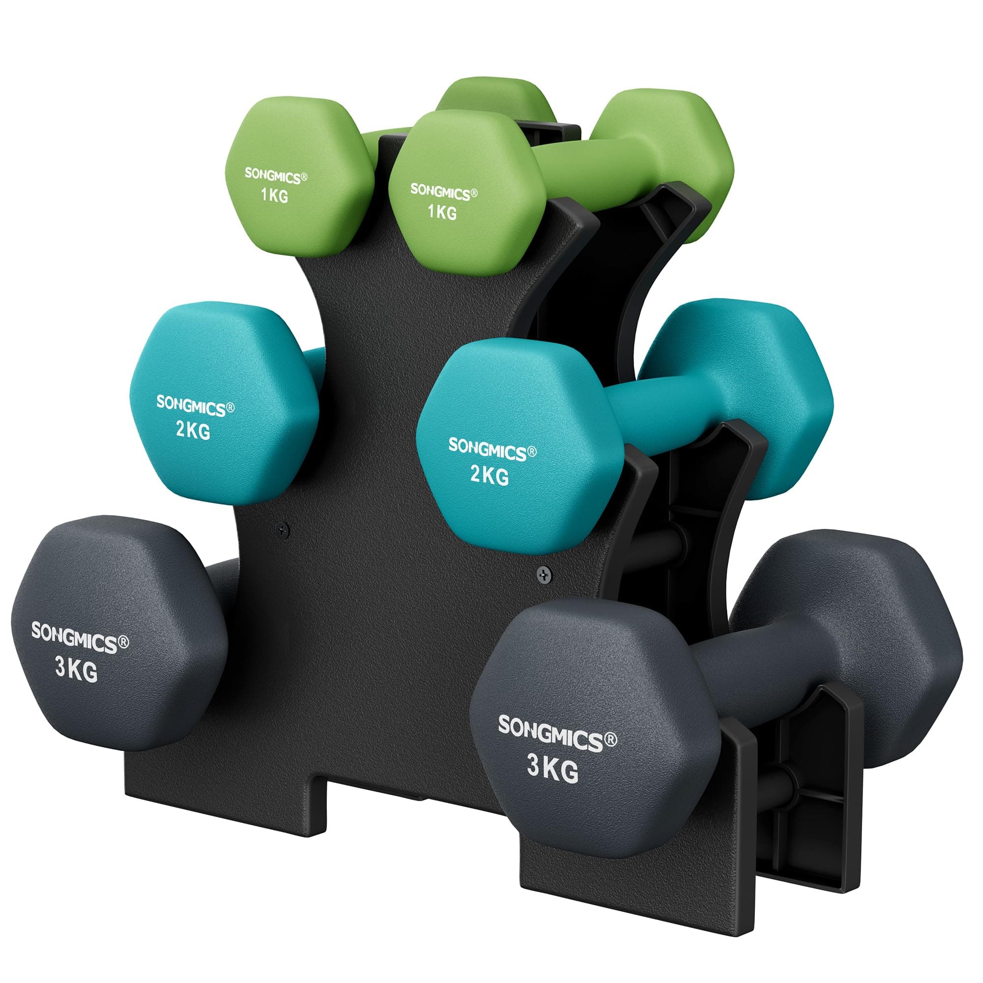 SONGMICS Hantel-Set, 3 Paar, 1kg-3kg,9kg oder 12kg, Aufbewahrung, Fitnessstudio, Krafttraining, rutschfeste Neopren-Beschichtung