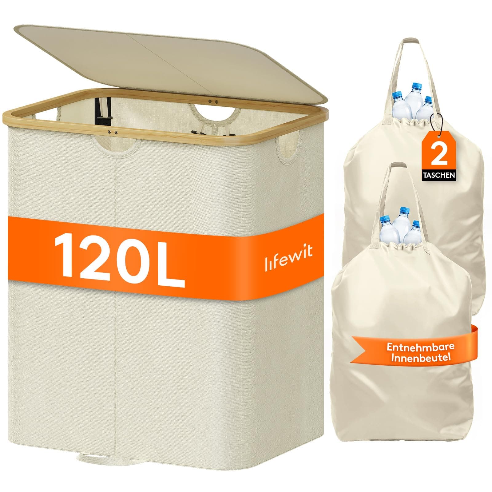 Lifewit 120L Pfandflaschen Sammelbehälter 2 fächer mit Deckel, Groß Pfandflaschen Behälter 2 Tragetasche für ErhaltenFlaschensammler eignet Sich für Küche, Küche Abstellraum Flaschentasche, Beige
