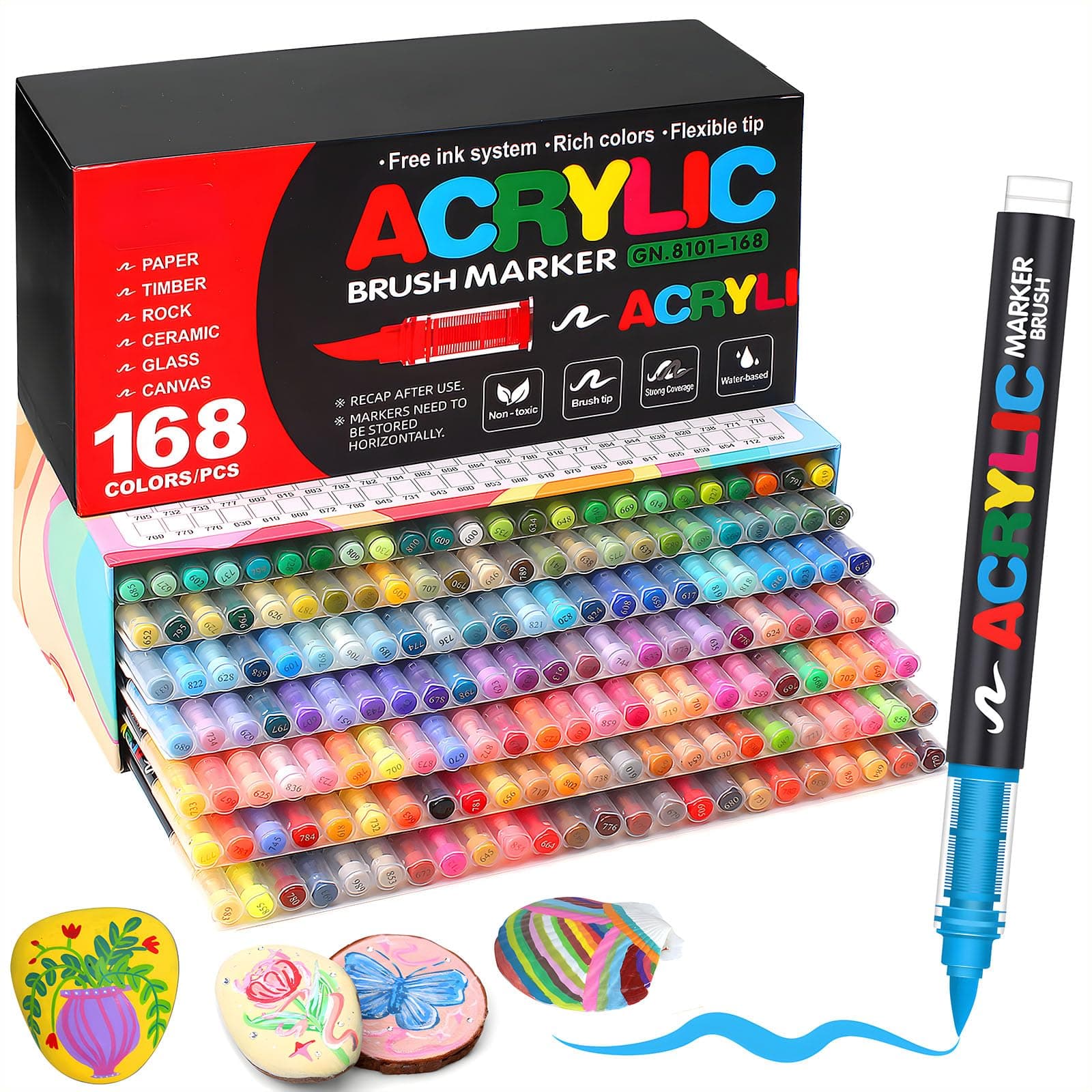 Lot de 168 Acrylic Paint Pens · Marqueurs Acryliques à Pointe Pinceau · Stylo Peinture Acrylique Adulte · Encre à l'Eau pour Surfaces Multiples : Pierre, Verre, Tissu, Bois, Toile · Idée Cadeau