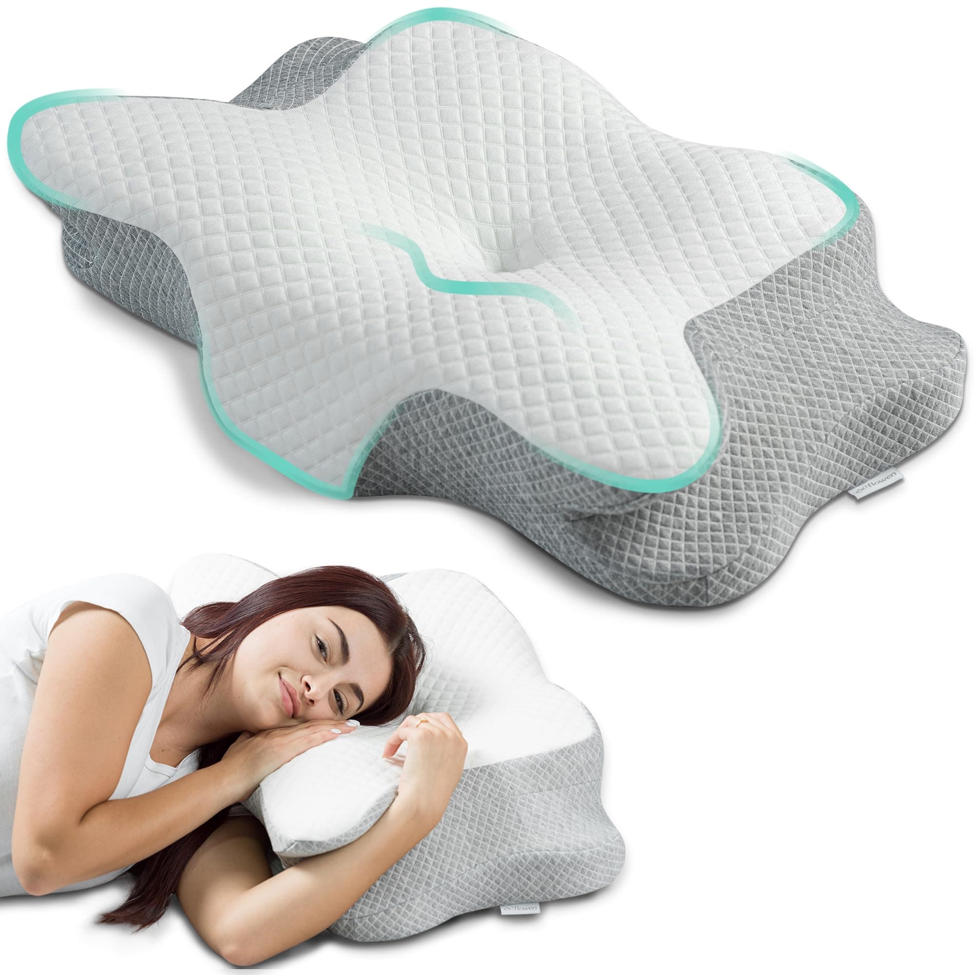Flowen Cuscino Cervicale Memory Foam per Dormire Ortopedico Guanciale Ergonomico Supporto al Collo Ideale in ogni Posizione Federa Traspirante Anallergico Sfoderabile e Lavabile