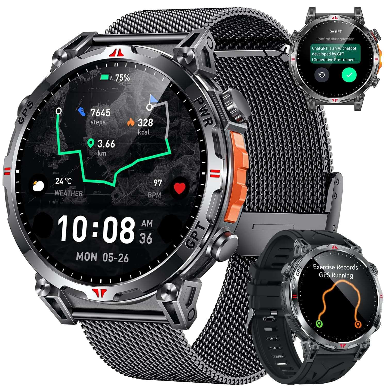 Reloj Inteligente Smartwatch Hombre con GPS: 1.7''AMOLED Pantalla Táctil Bluetooth SmartWatch con GPT Ai Esfera Brújula SpO2 Sueño Presión Arterial 100+Modo Deportivo 3ATM Impermeable Para Android iOS
