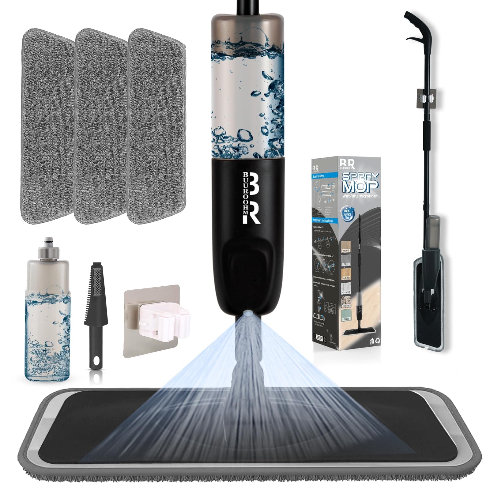 Balai pulvérisateur en Microfibre pour Nettoyage de Sol, Sec et Humide, pour Cuisine, parquet, stratifié, Carreaux de céramique, 360 degrés, avec 3 têtes de Balai de Rechange, 1 racloir, 1 Support de