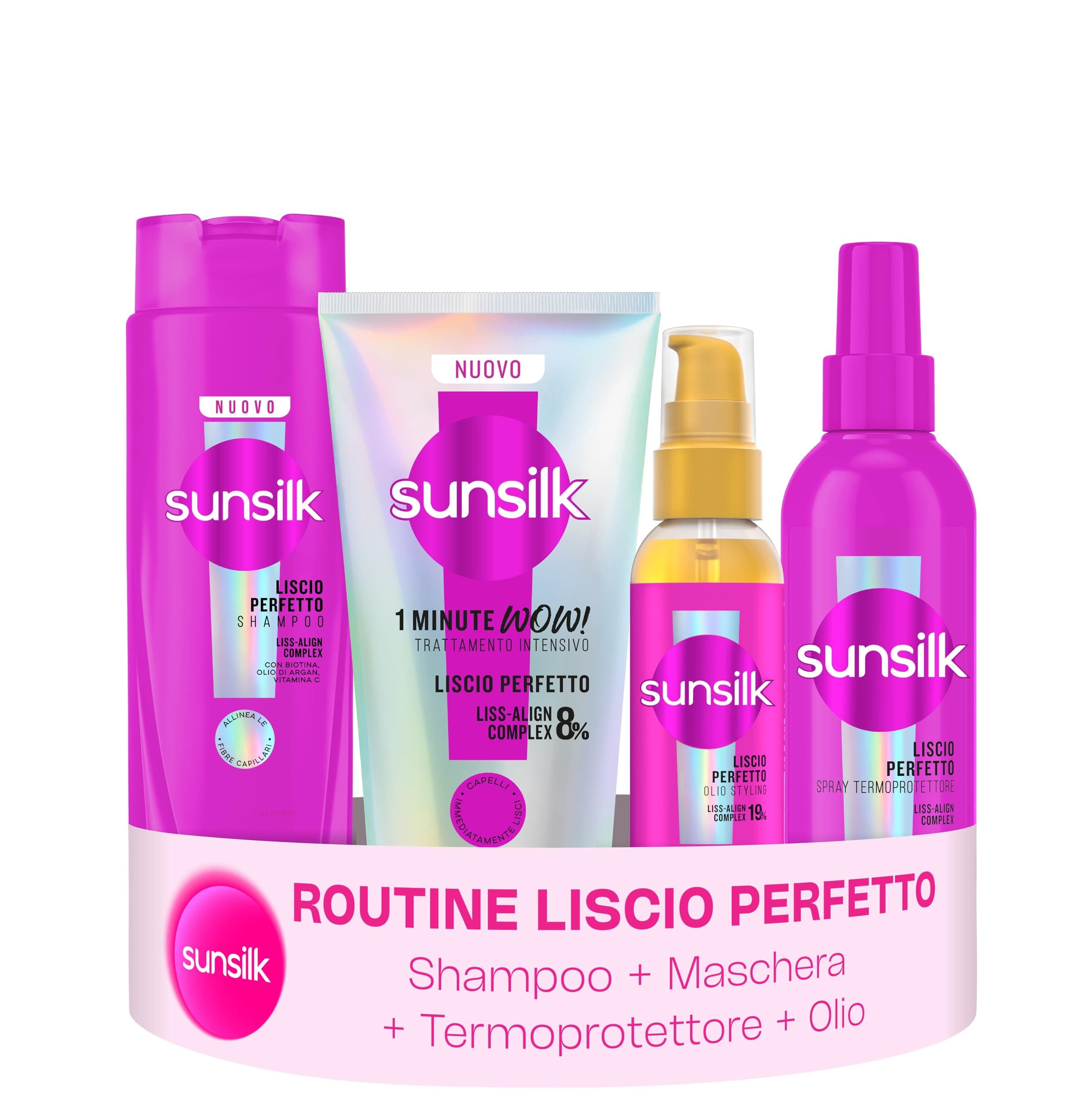Sunsilk Kit Liscio Perfetto Shampoo 250ml, Maschera 1 Minute WOW 180ml, Spray Termoprotettore 200ml e Olio Styling 75ml, Trattamento Anticrespo Capelli Lisci, Protezione Calore da Phon e Piastra