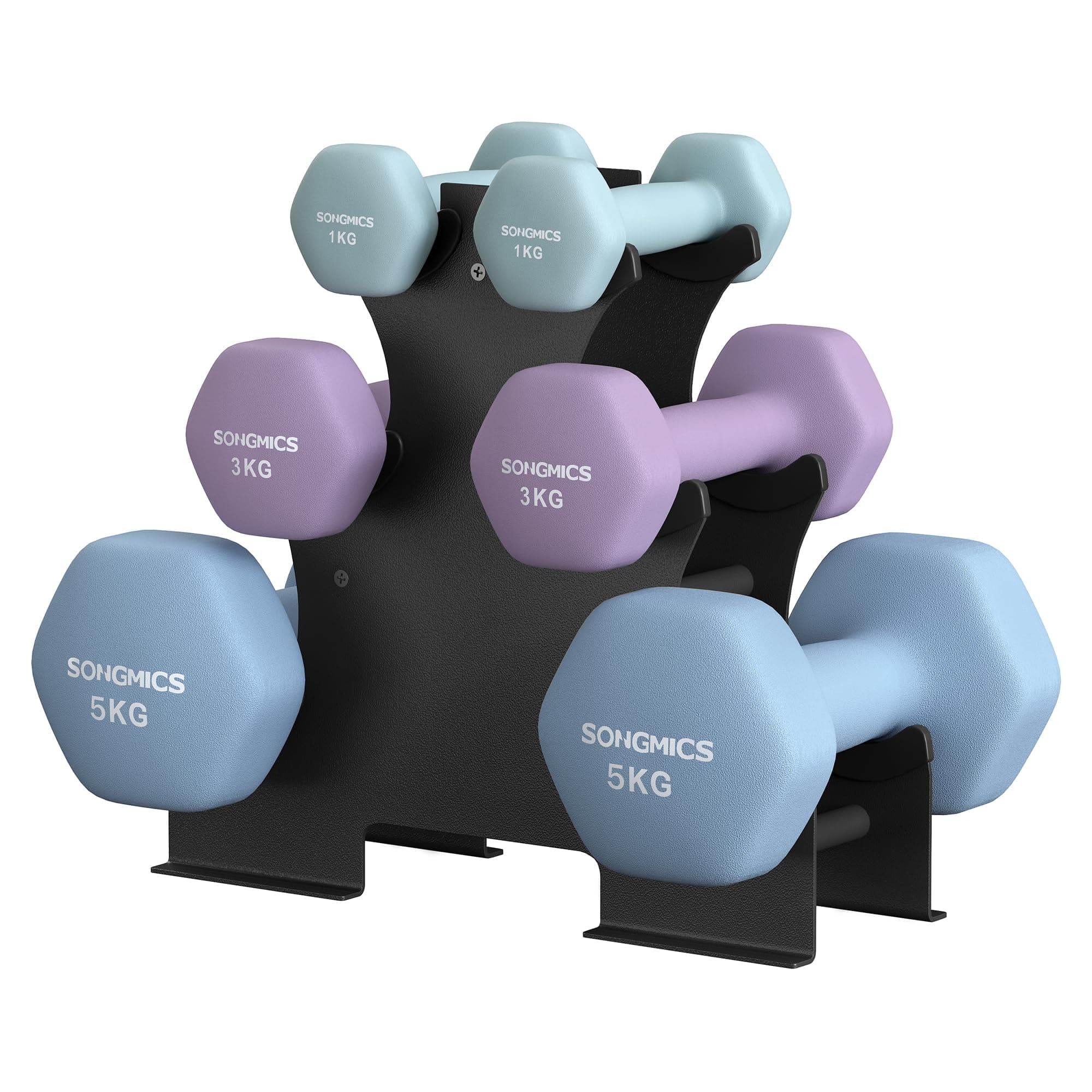 SONGMICS Hantel-Set, 3 Paar, 1kg-3kg,9kg oder 12kg, Aufbewahrung, Fitnessstudio, Krafttraining, rutschfeste Neopren-Beschichtung