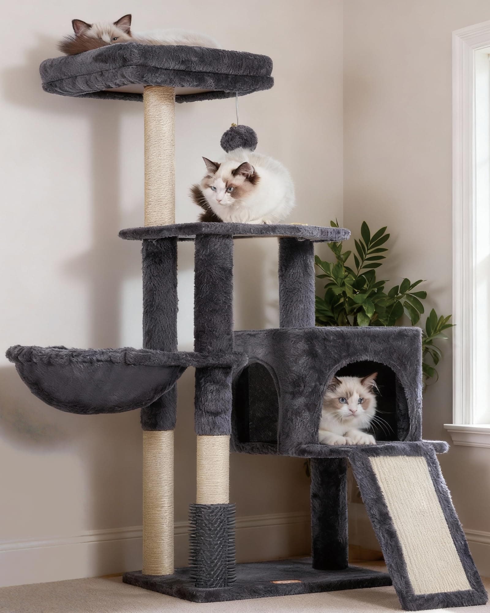 Heybly Rascador para Gatos, El Cepillo de Autolimpieza, El Árbol para Gatos Domésticos, con Peluche Liso, Silla de Descanso, Nido de Gato con Panel y Postes de Raspado, Gris Ahumado HCT005SG
