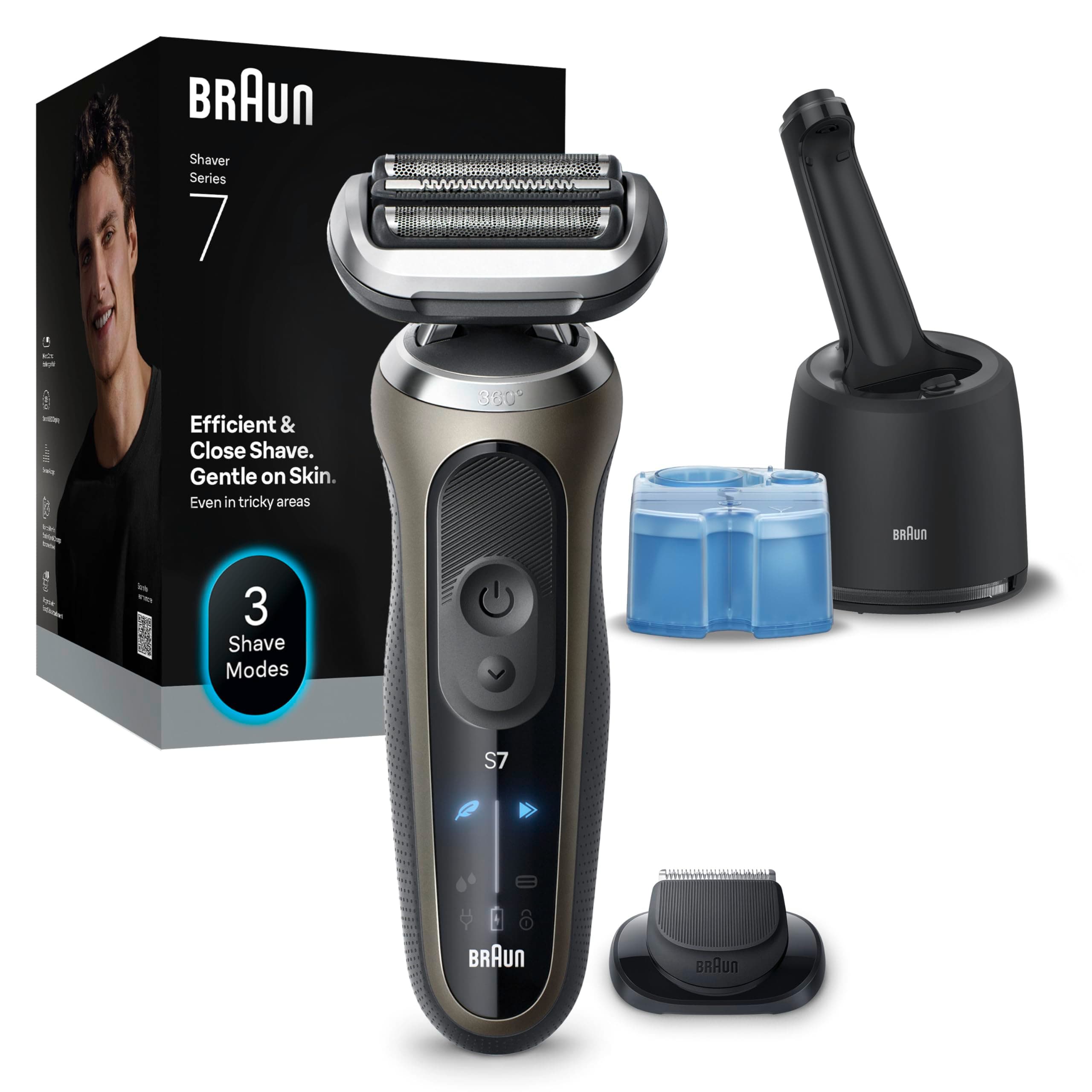 Braun Rasoir Electrique Homme Series 7 72-C7200CC Or, Etanche, Lames Flexibles Pour Bien Raser Le Visage, 3 Modes De Rasage De Barbe, Avec Tondeuse De Précision, Coffret Avec Station De Nettoyage
