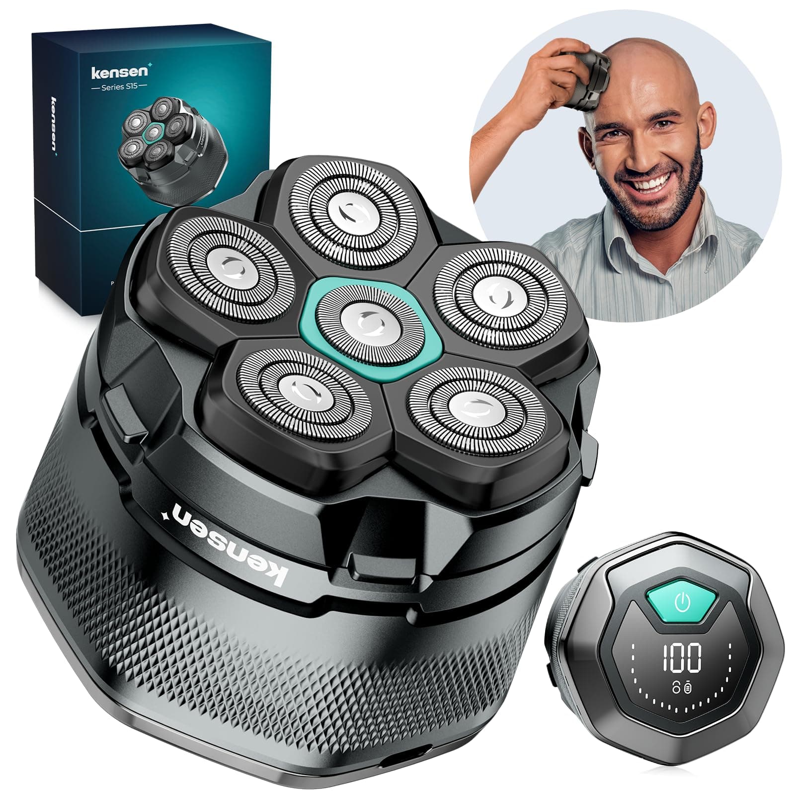kensen Rasoio Elettrico Testa Calva Uomo 6D Rasoio Testa Calva Impermeabile Cordless 160 Minuti di Autonomia Tagliacapelli uomo con Testina di Taglio Magnetica & Porta di Carica USB-C