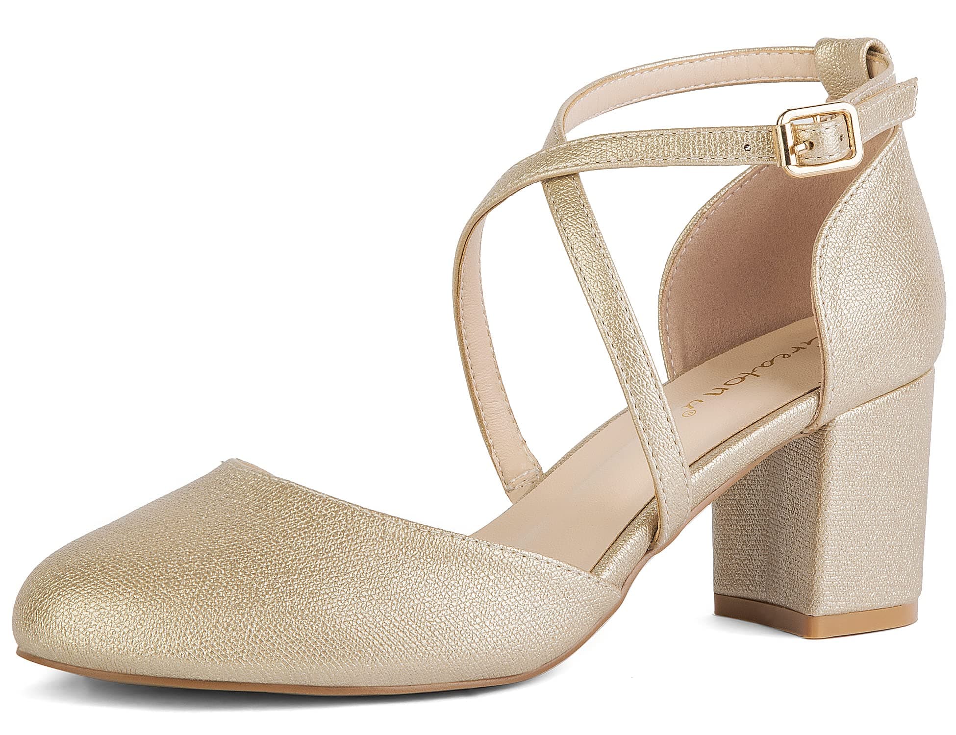 Greatonu Bombas con Correa en el Tobillo para Mujer, Tacón en Bloque, Correas Cruzadas y Puntera Cerrada para Bodas y Fiestas