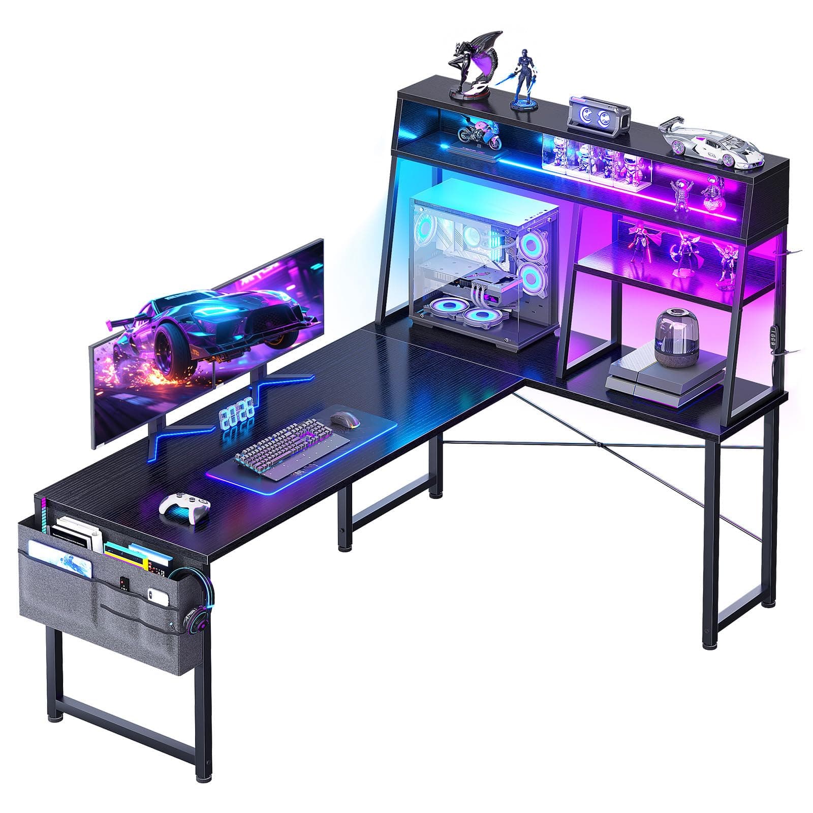 Coleshome Bureau Gaming Angle avec LED, 150 × 100 cm Bureau Gaming Réversible avec Étagère Multiniveau, Table en L avec Sac de Rangement pour Bureau Domicile et Gaming, Noir