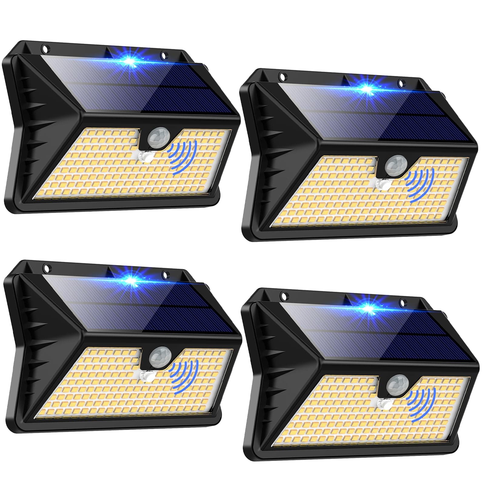 OUILA Luz Solar Exterior, 【4 Paquete】 185 LED/3 Modos Focos Solares Exterior con Sensor de Movimiento, IP65 Impermeable Lamparas Exterior para Jardín, Garaje, Calle, Patio, Caminos(Blanco Cálido)