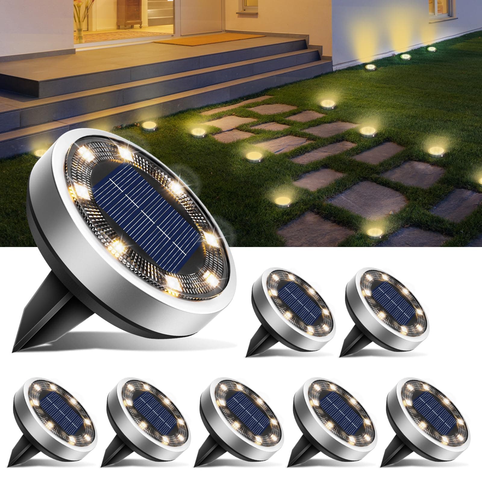btfarm 8 Pezzi Luci Solari da Giardino, 8 LED Faretti Sepolta Solari a Led da Esterno, IP65 Impermeabile Lampade Faretto Solare da Terra per Prato Vialetto Cortile Strade Paesaggio, Bianco Caldo