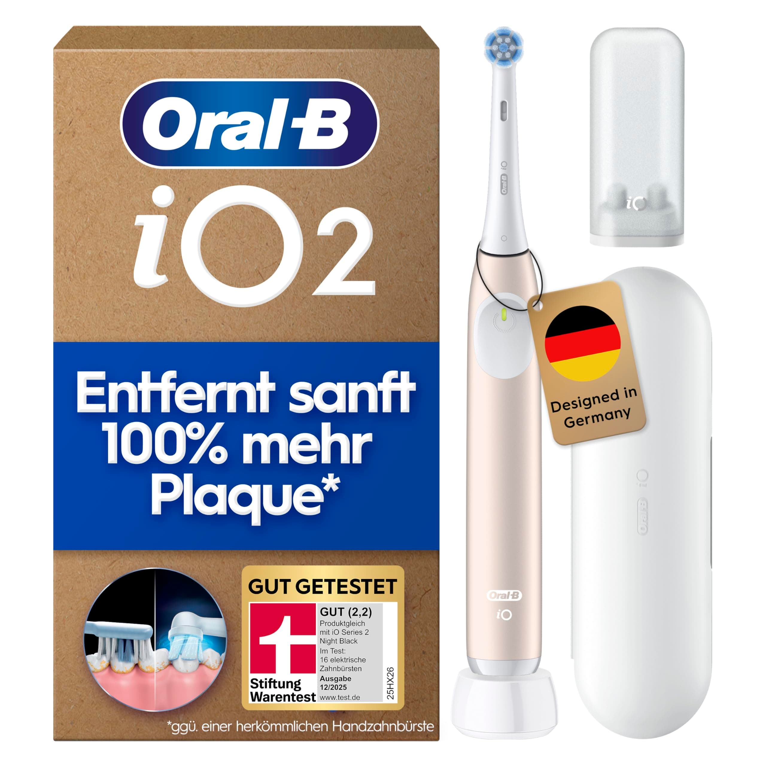 Oral-B iO Series 2 Elektrische Zahnbürste — Electric Toothbrush, Inkl. 1 Aufsteckbürste, Reise-Etui — 3 Putzmodi für Zahnpflege, GUT GETESTET (2,2) von STIFTUNG WARENTEST, Designed by Braun, Pink