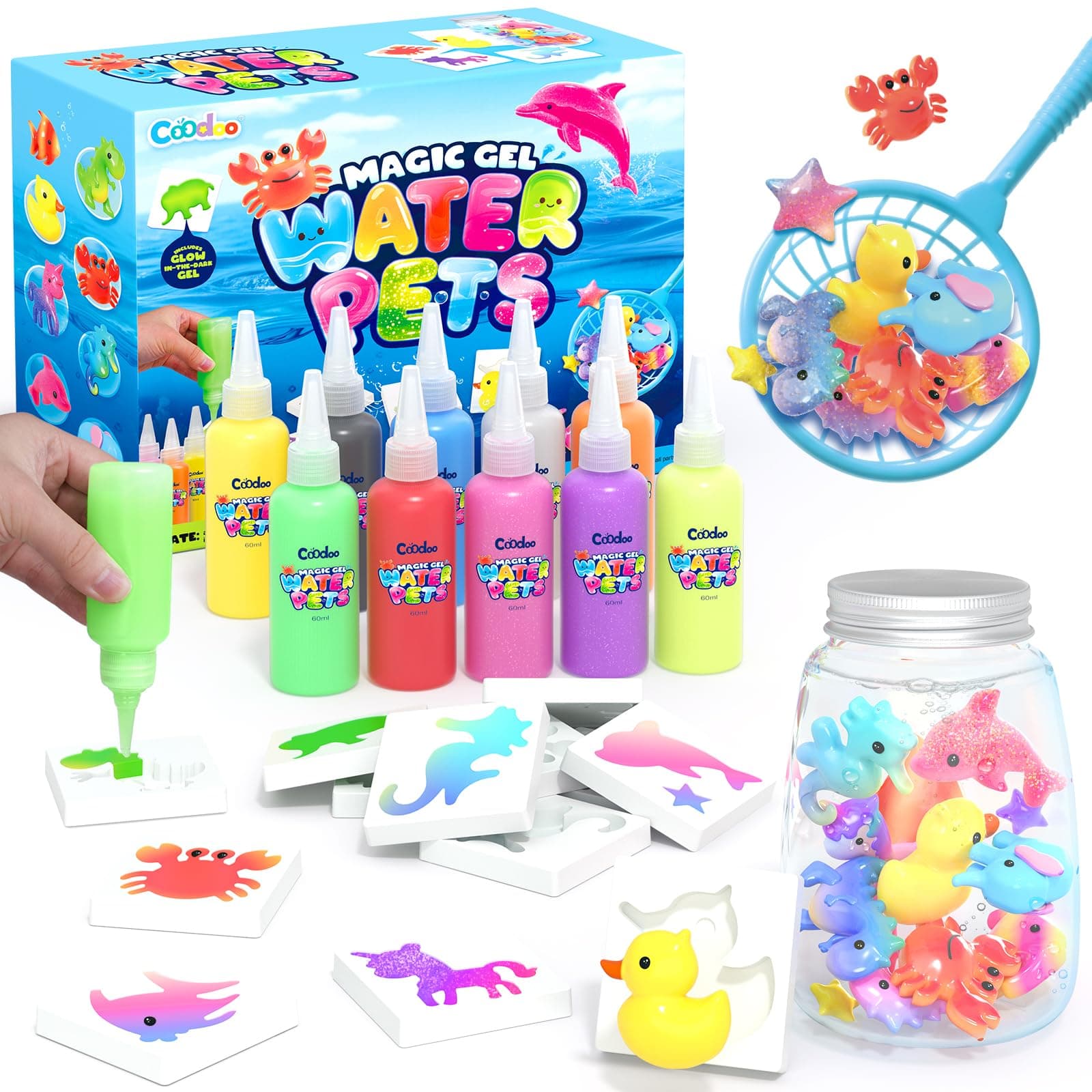 Coodoo Aqua Gelz Set, Juguete de Gel de Agua Mágico DIY, Juego de Gel Mágico con 10 Colores y 8 Moldes, Creativo Manualidades Niños, Juguetes Juegos Kit Pintura Regalo para Niños Niñas 3 4 5 6 Años