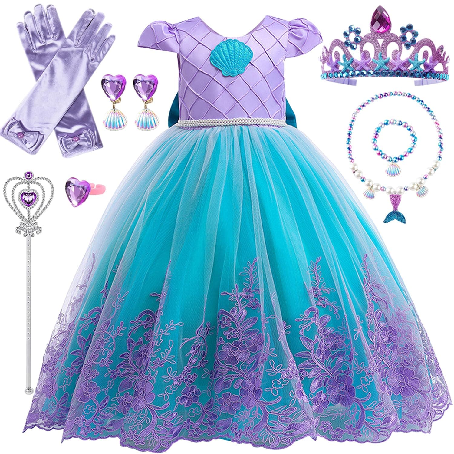 YYDSXK Robe Princesse Fille, Costume Déguisement Enfant avec Ensemble de Collier de Couronne, Robe Princesse Bébé pour Costume Halloween Anniversaire Fêté Carnaval Cosplay