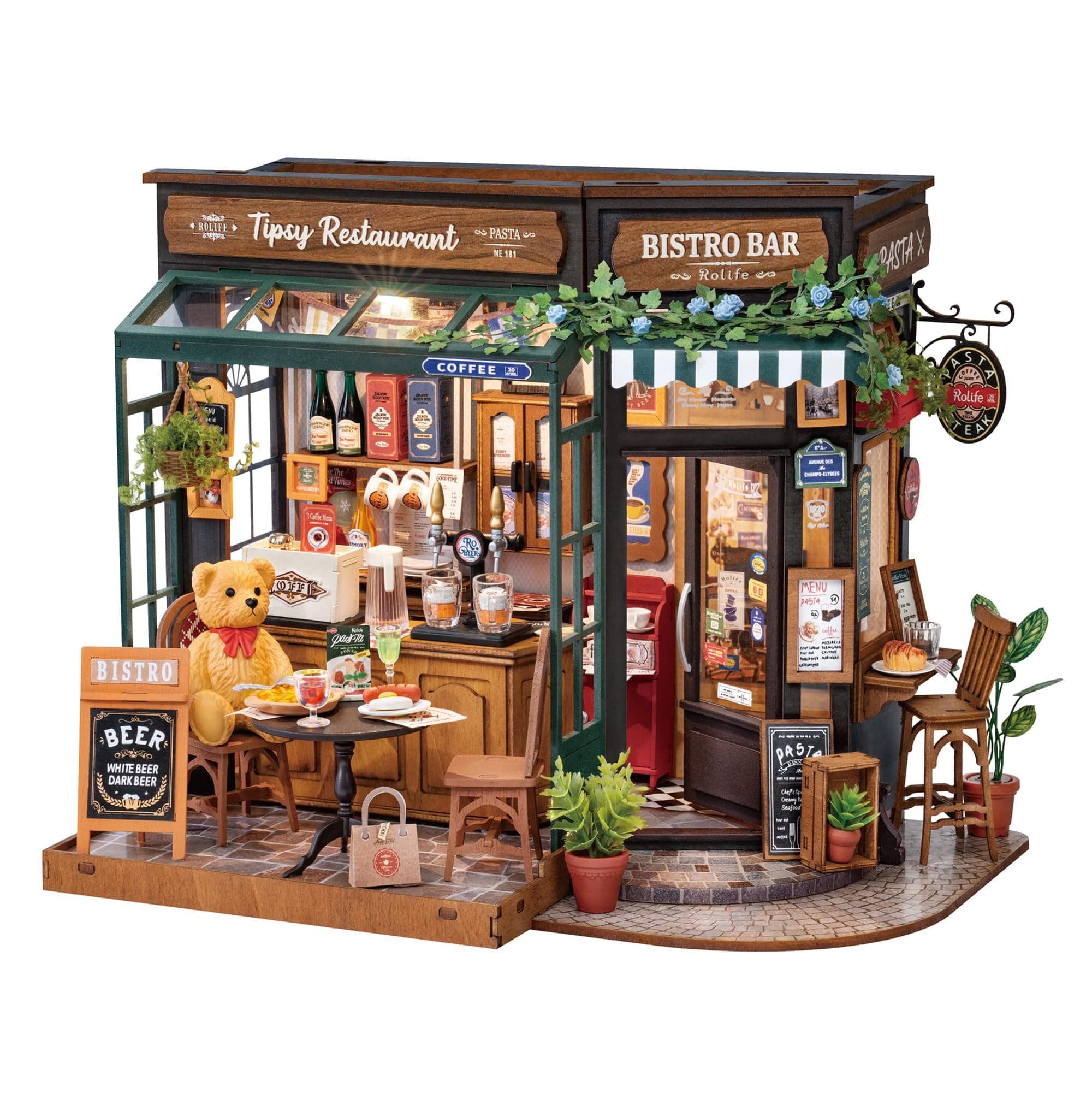 Rolife Puppenhaus Tipsy Restaurant DIY Miniatur Haus Kit Miniatur Café Puppenhaus Modellkit Wohnkultur Geburtstagsgeschenk für Kinder und Erwachsene