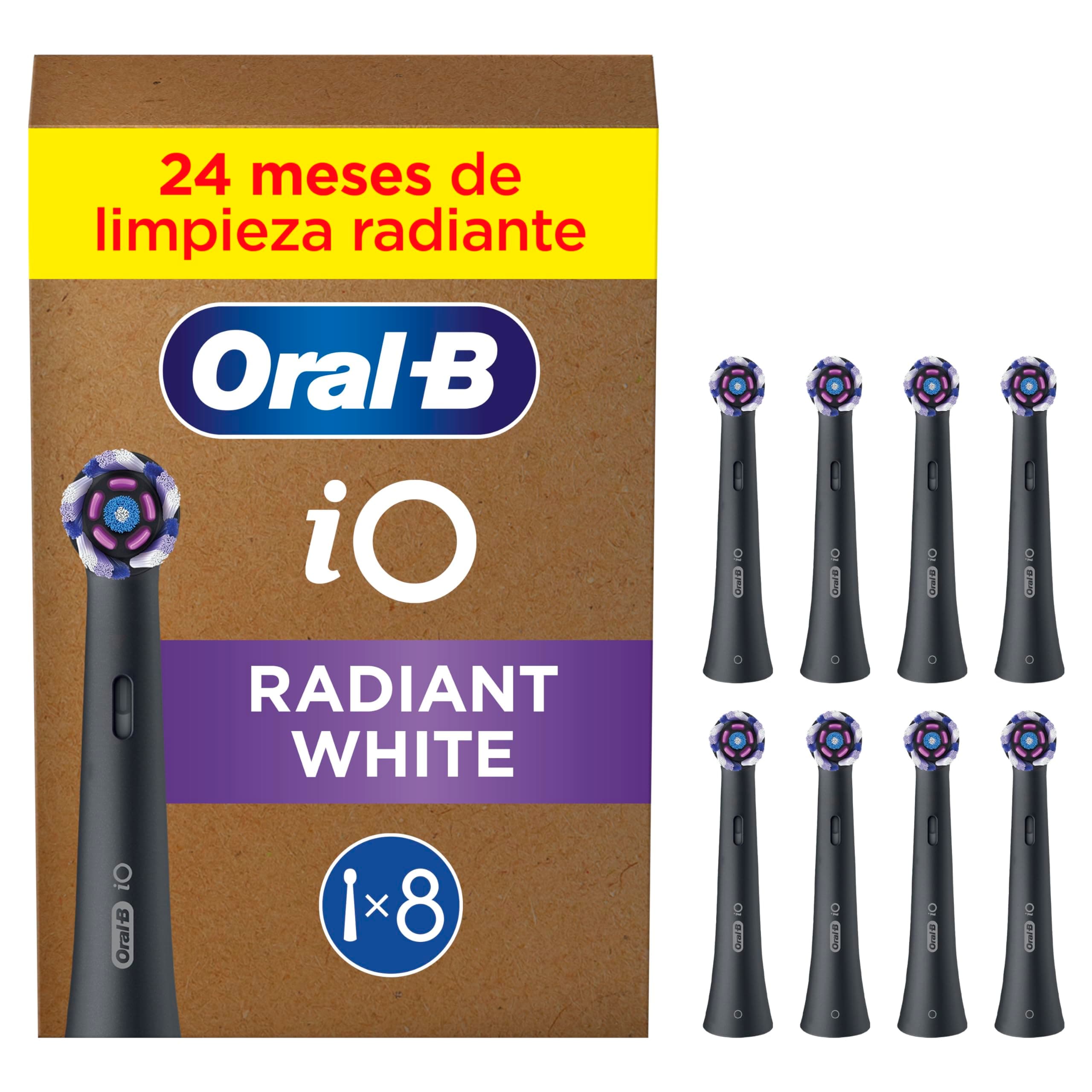 Oral-B Series iO Radiant White Cabezales De Recambio ORIGINALES, Pack de 8 Recambios Negros Para Cepillos De Dientes Eléctricos Oral-B iO, Blanqueamiento Dental, Eliminación De Manchas