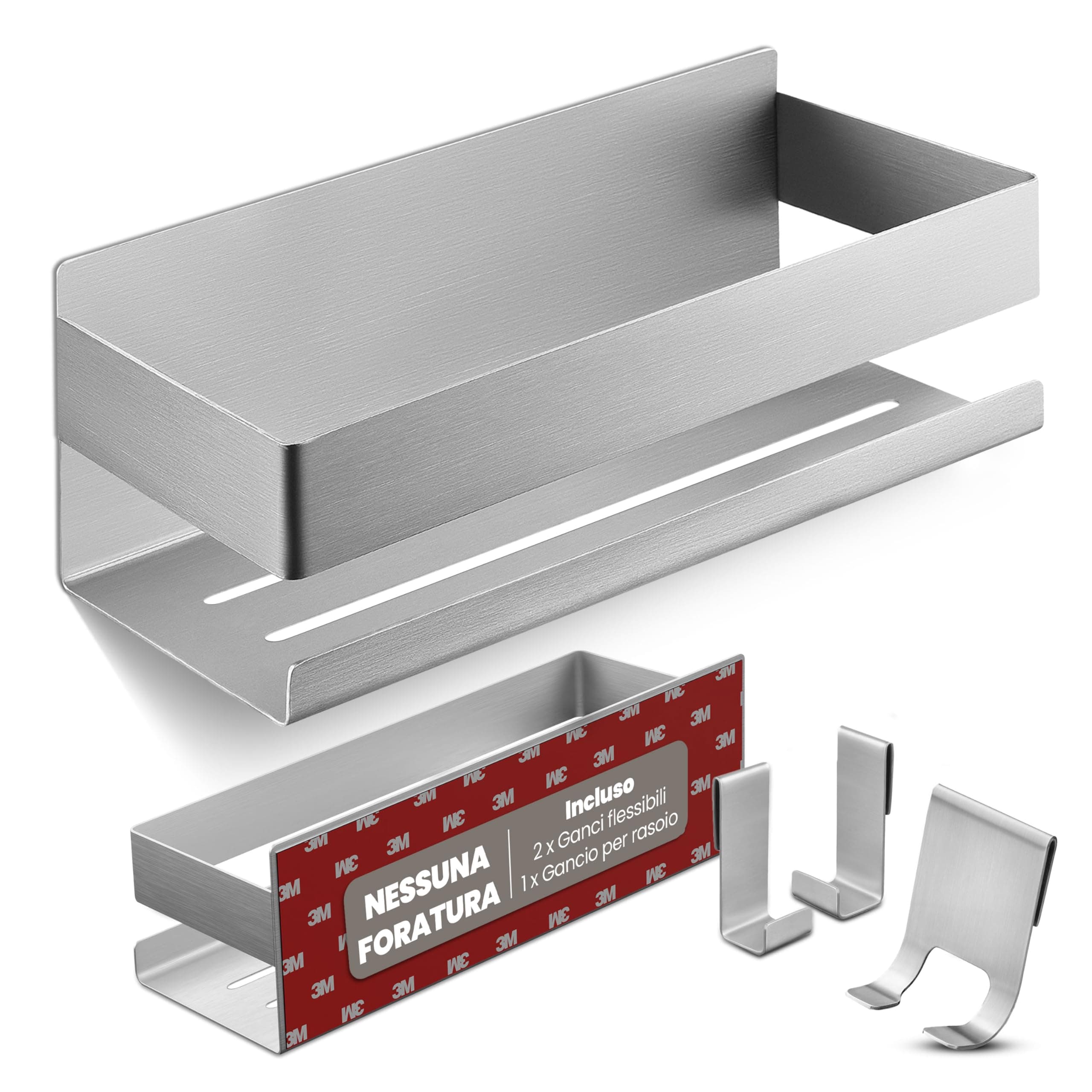 LIEBHEIM mensola per doccia cestino per bagno senza forare - tenuta super forte grazie al nastro adesivo di montaggio - acciaio inox S304 - solido (acciaio inox spazzolato)