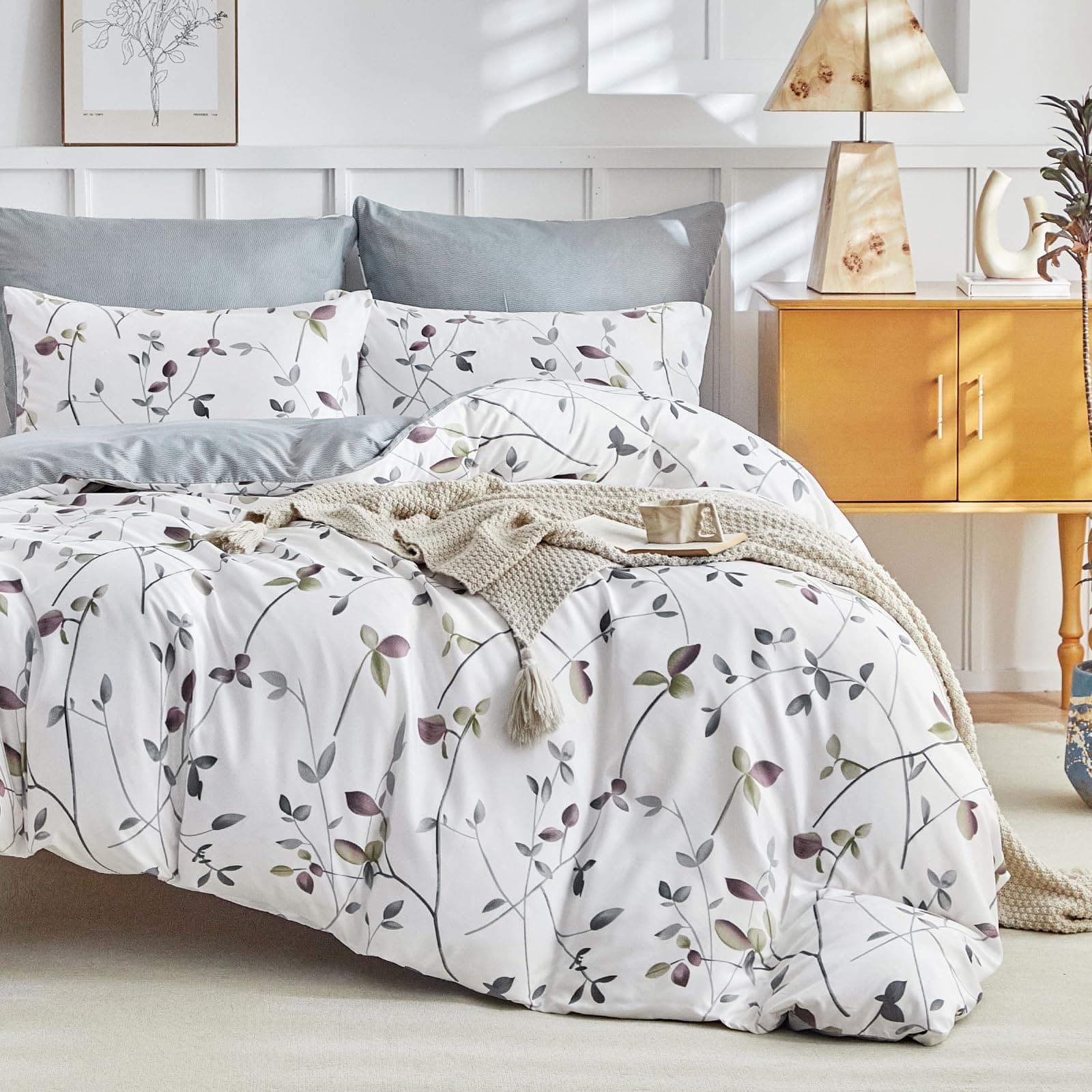 Tokokimo Funda Nordica Cama 180, Funda Nórdica 240x260,Funda Edredon con Ramas y Hojas Patrón Microfibra 3 Piezas Compuesto por 1 Funda Nórdica 240x260 + 2 Fundas de Almohada 65x65, Blanco/Gris