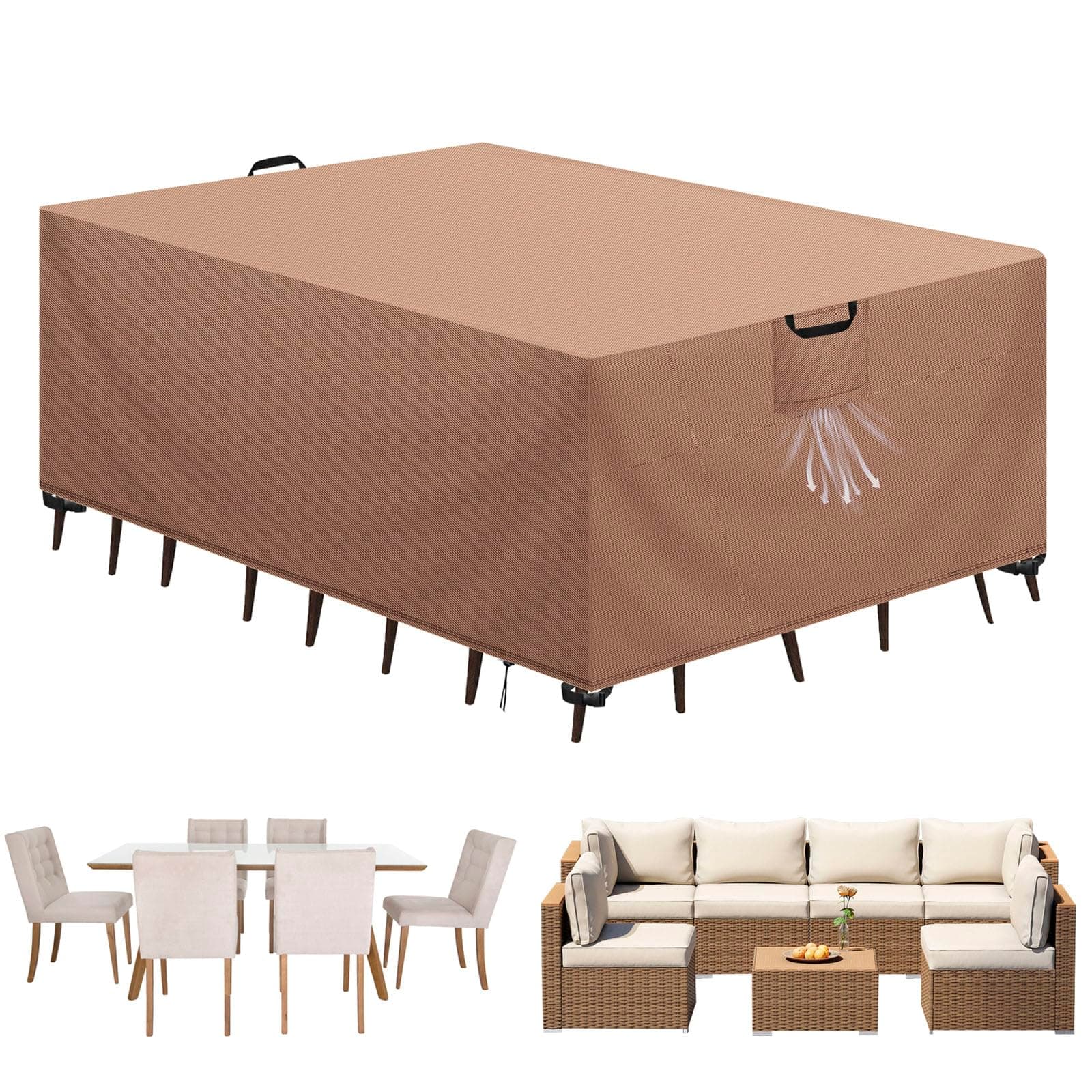 Aujink Copertura Tavolo Esterno Impermeabile, Panno 420D Oxford Impermeabile Copertura Per Mobili da Giardino Tavoli e Sedie da Cortile Raggi UV Resistente allo Strappo , Kaki, 270x180x90 cm