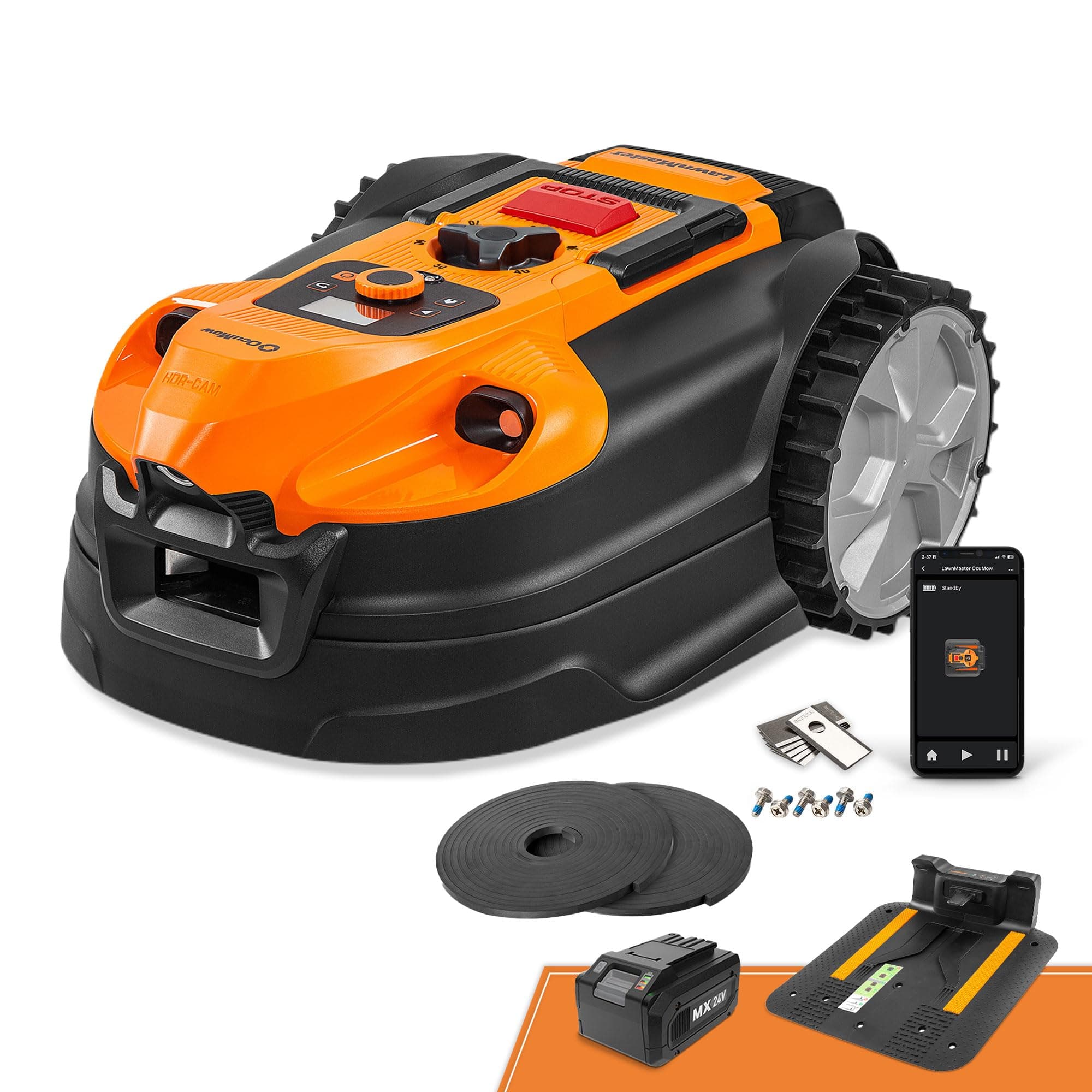 LawnMaster OcuMow®18 Tondeuse Robotique sans Fil de Limite 800㎡, 4 Ah Batterie, Navig. Optique, Évitement d'obstacles, Station de Charge Auto, Zone Interdite, WiFi & Bluetooth Contrôlable par App