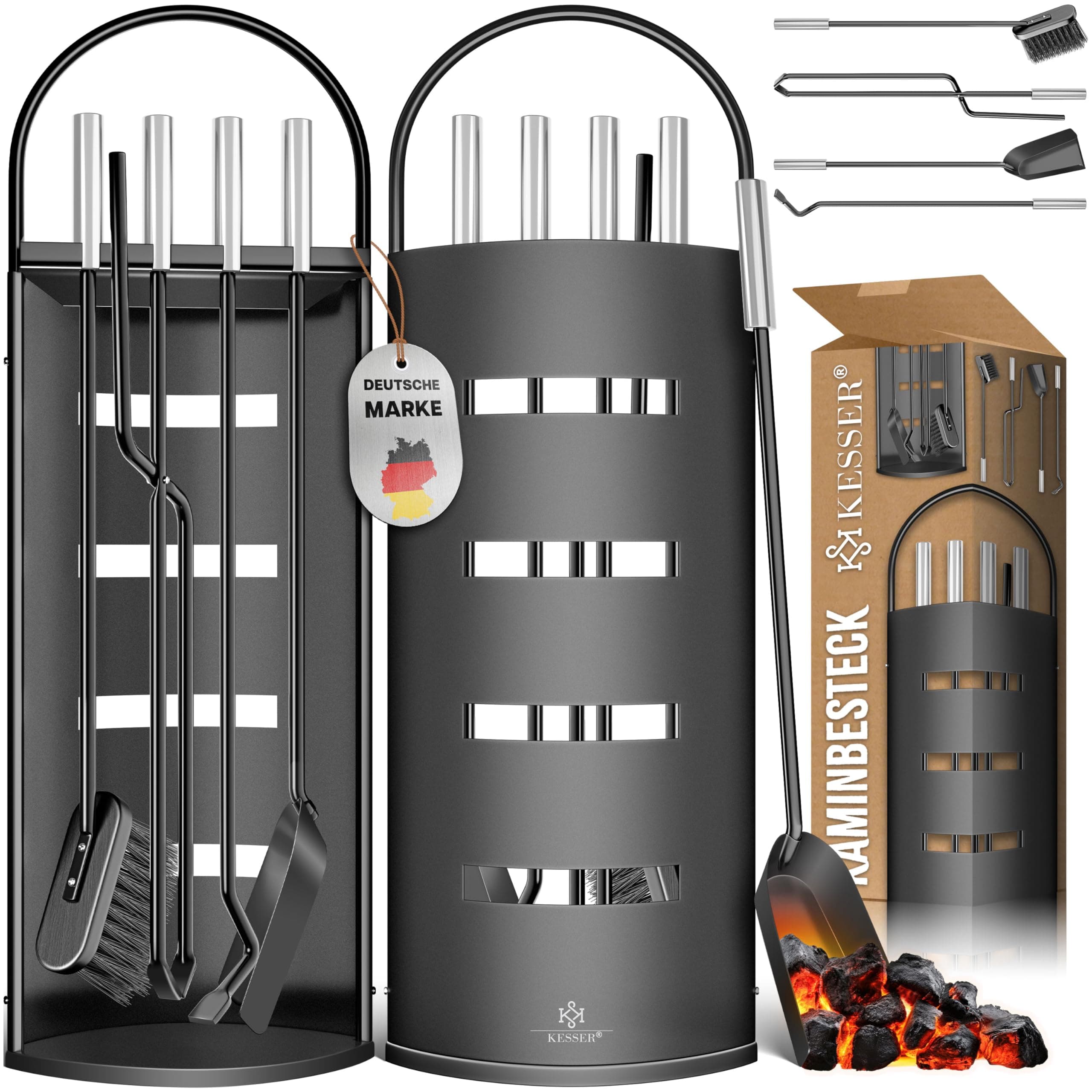 KESSER® Kaminzubehör 5-teiliges Kaminbesteck Set | Modern Design, beschichtet, Hochwertige Kamingarnitur aus 5 Teilen: Besen, Schaufel, Schürhaken, Zange, Ständer mit Sichtschutz Edelstahl Schwarz