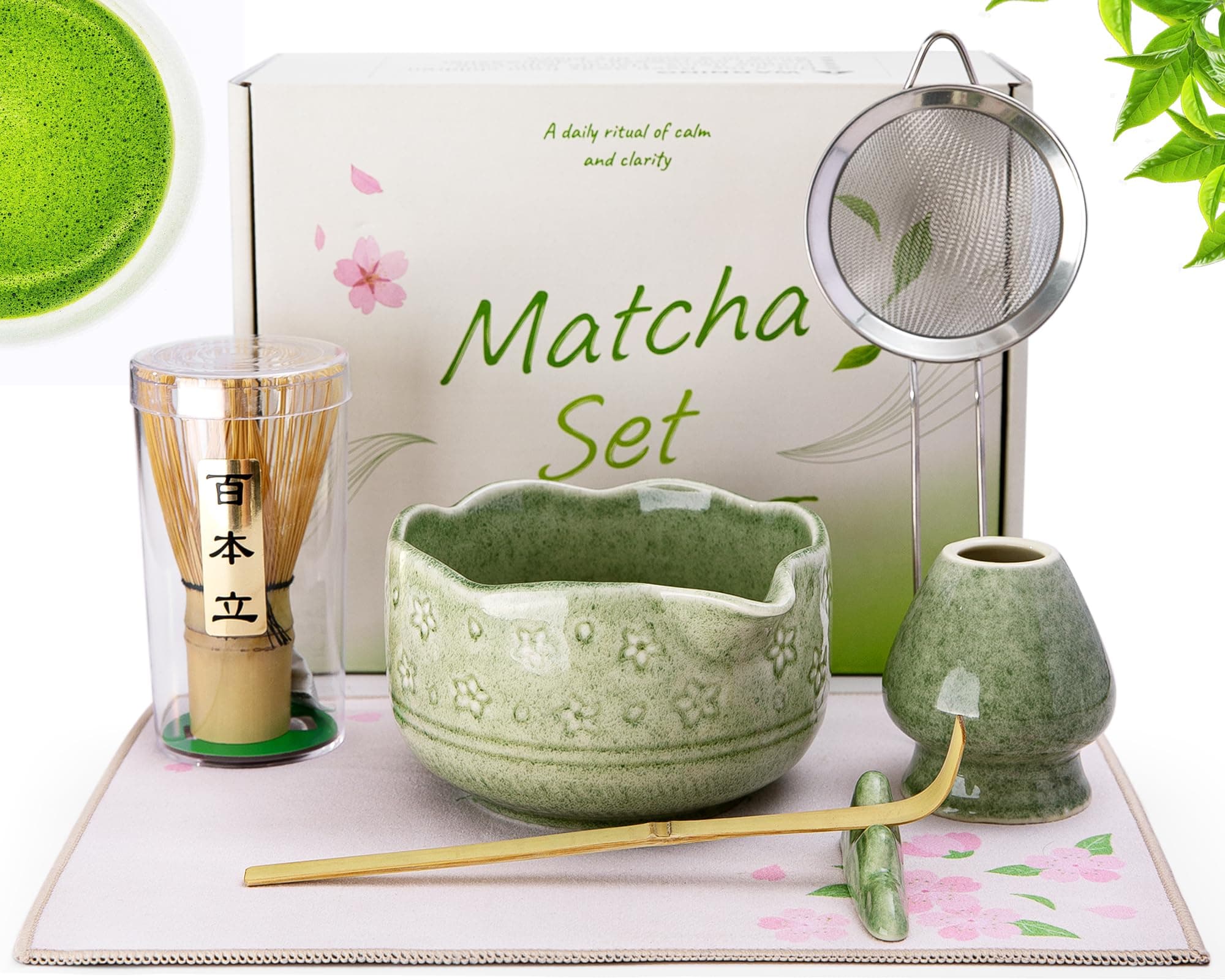 Doublewhale Ensemble de 7 pièces à matcha en céramique avec balai à matcha, porte-balai, bol à matcha avec bec, cuillère à matcha, porte-cuillère, passoire en acier inoxydable, torchon, cadeau pour