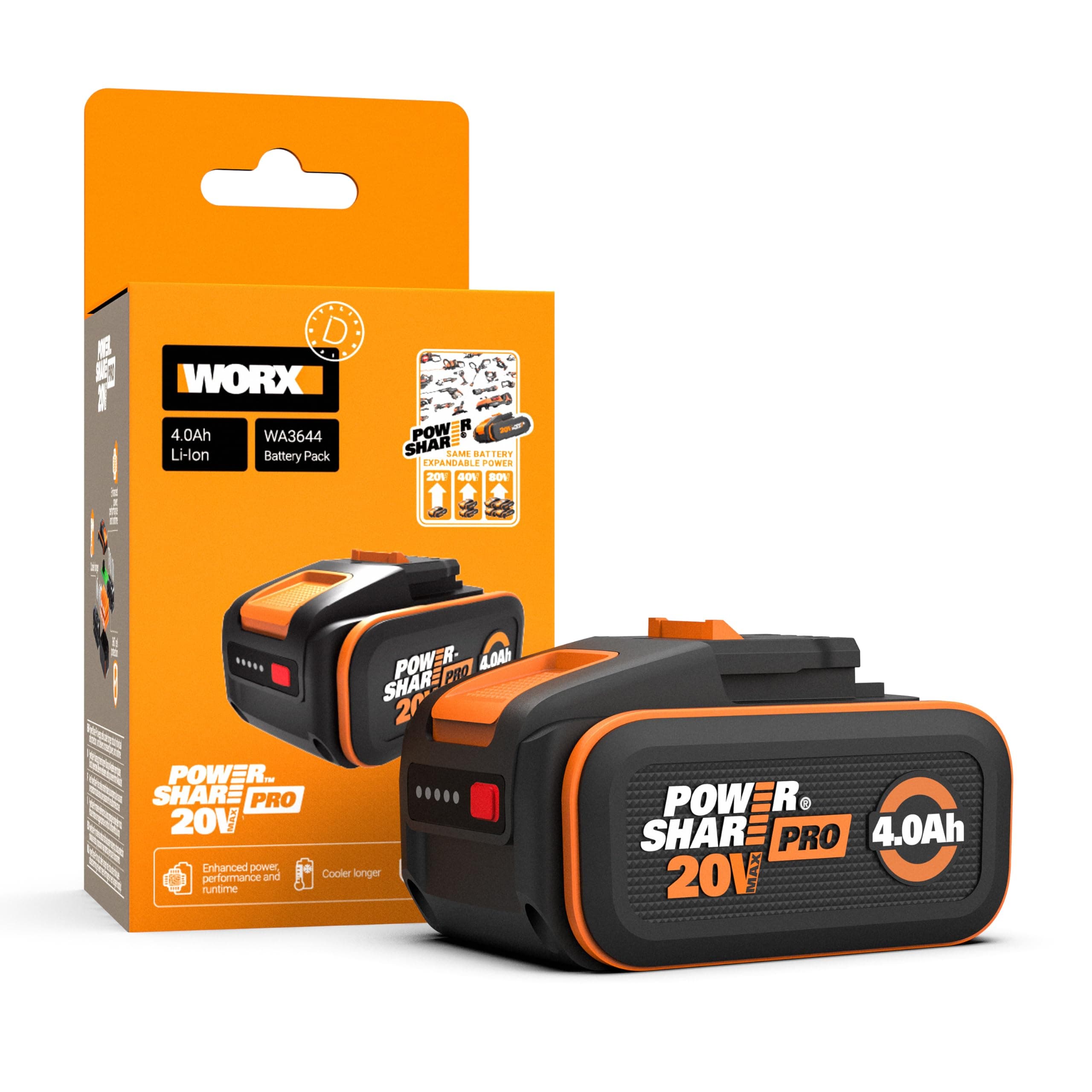 WORX Batterie Powershare Pro au Lithium-ION 20V 4Ah WA3644, Batterie Haute Performance et Longue durée Compatible avec Tous Les Outils Worx PowerShare