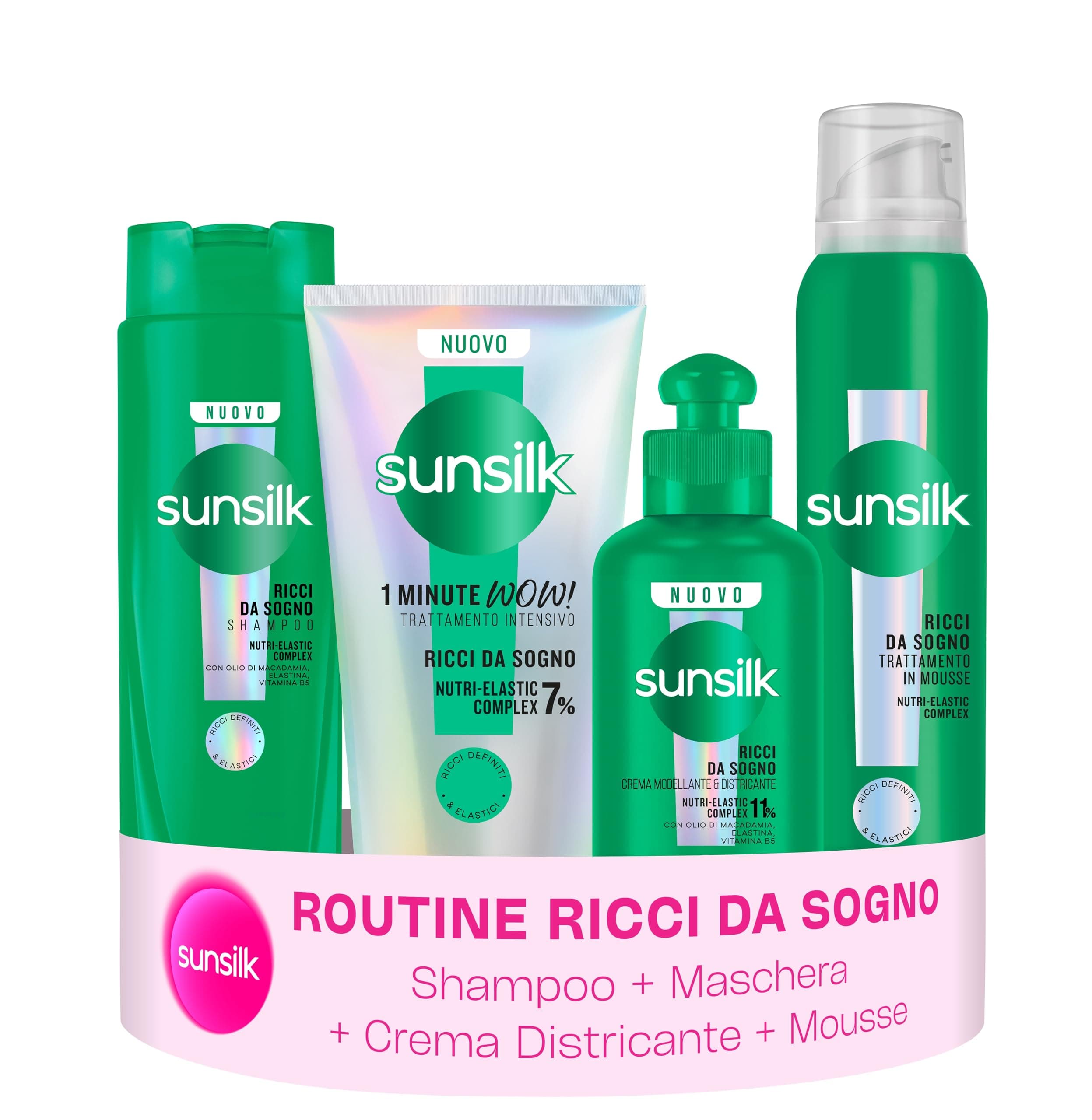 Sunsilk Kit Ricci da Sogno Shampoo 250ml, Maschera 1 Minute WOW 180ml, Crema Districante 200ml e Mousse 200ml, Trattamento Anticrespo per Capelli Ricci Definiti, Elastici e Morbidi a Lunga Tenuta