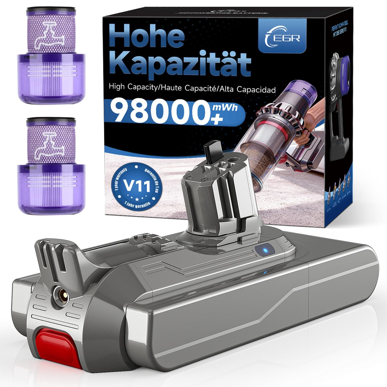 EGR Mejorada V11 Bateria para Dyson V11Montaje por Clic V15/SV15/SV22/970425-01 Extra/Absolute/Animal/Torque/Drive/Outsize Aspiradora Batería con 2 Filtros(No para Montaje Atornillado)