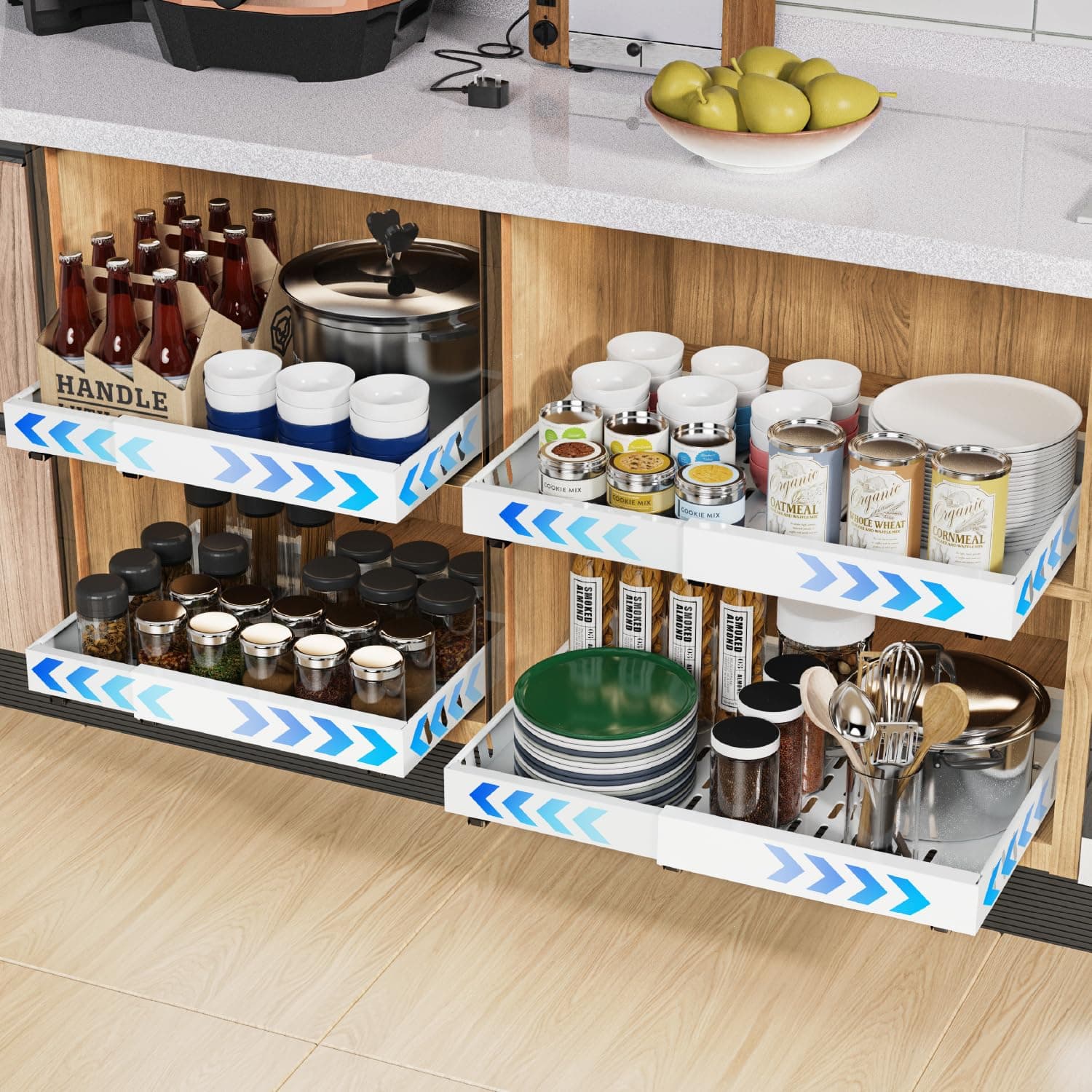 iHomara Paquete de 2 organizadores adhesivos extraíbles para armarios de cocina, cajones deslizables y estantes para la despensa, ancho ajustable de 32 a 53 cm