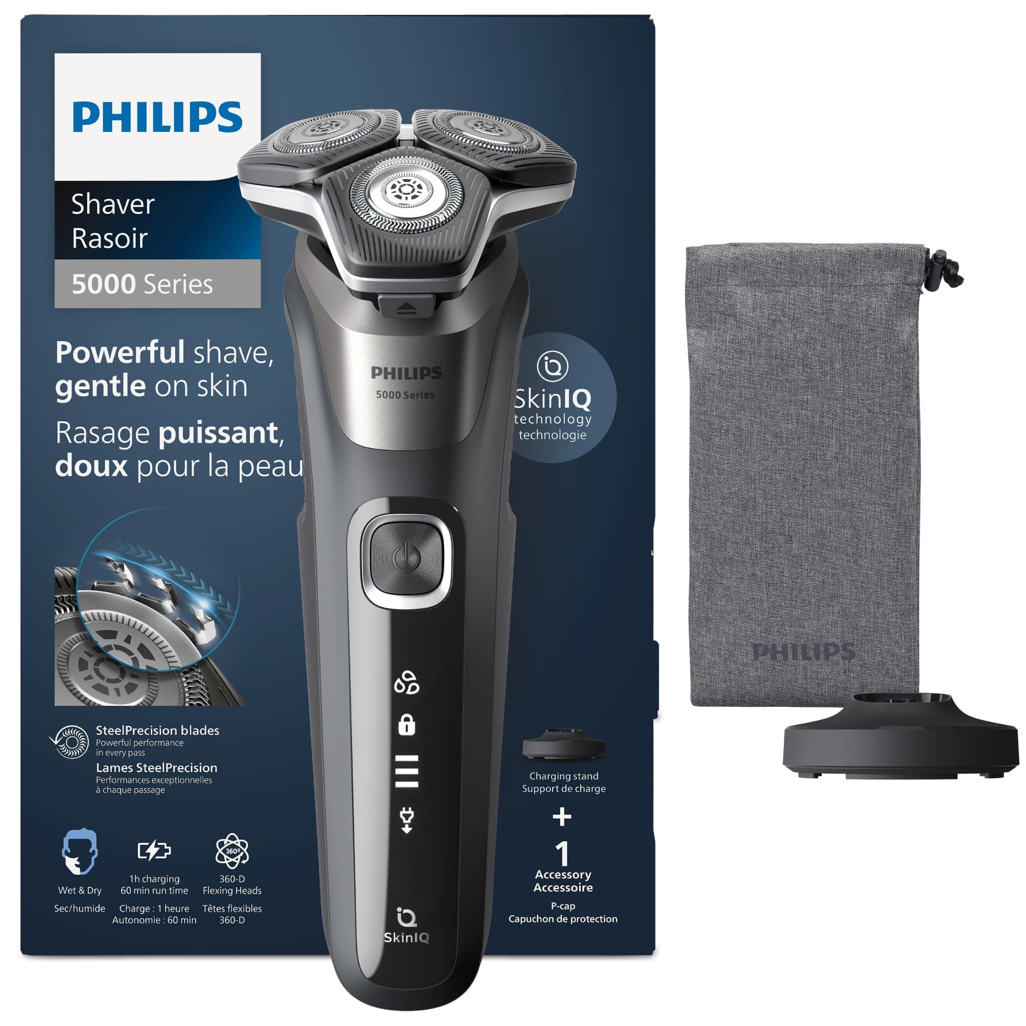 PHILIPS Shaver Series 5000 – Elektrischer Nass- & Trockenrasierer in Carbongrau mit 1 integrierten ausklappbaren Trimmer, weicher Tasche, Schutzkappe & Ladestation (Modell S5887/13)