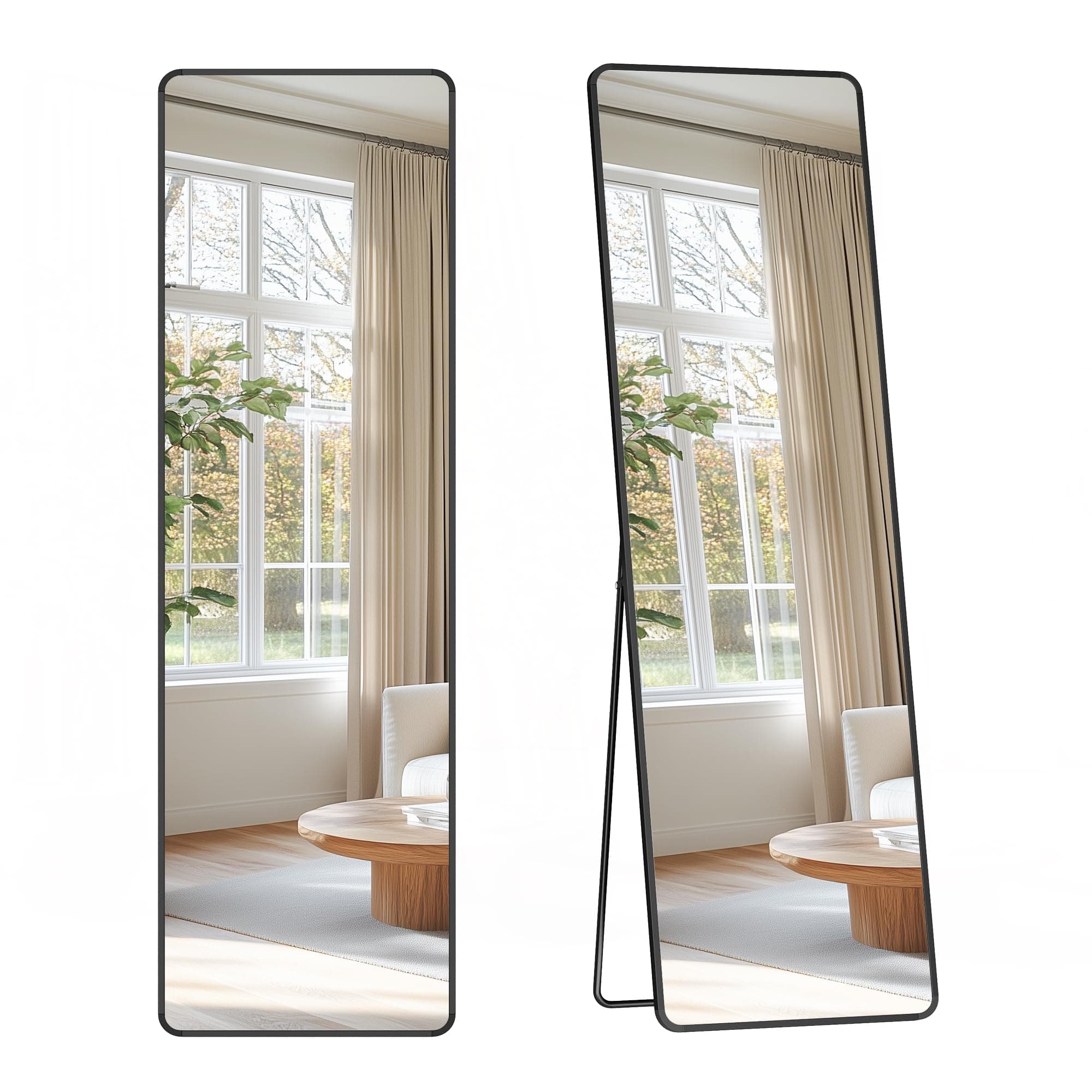 SONGMICS Espejo de Cuerpo Entero, 150 x 40 cm, Espejo Rectangular con Soporte, con Marco de Aleación de Aluminio, Cristal Templado, para Dormitorio, Salón, Vestuario, Negro Tinta LFM034B01