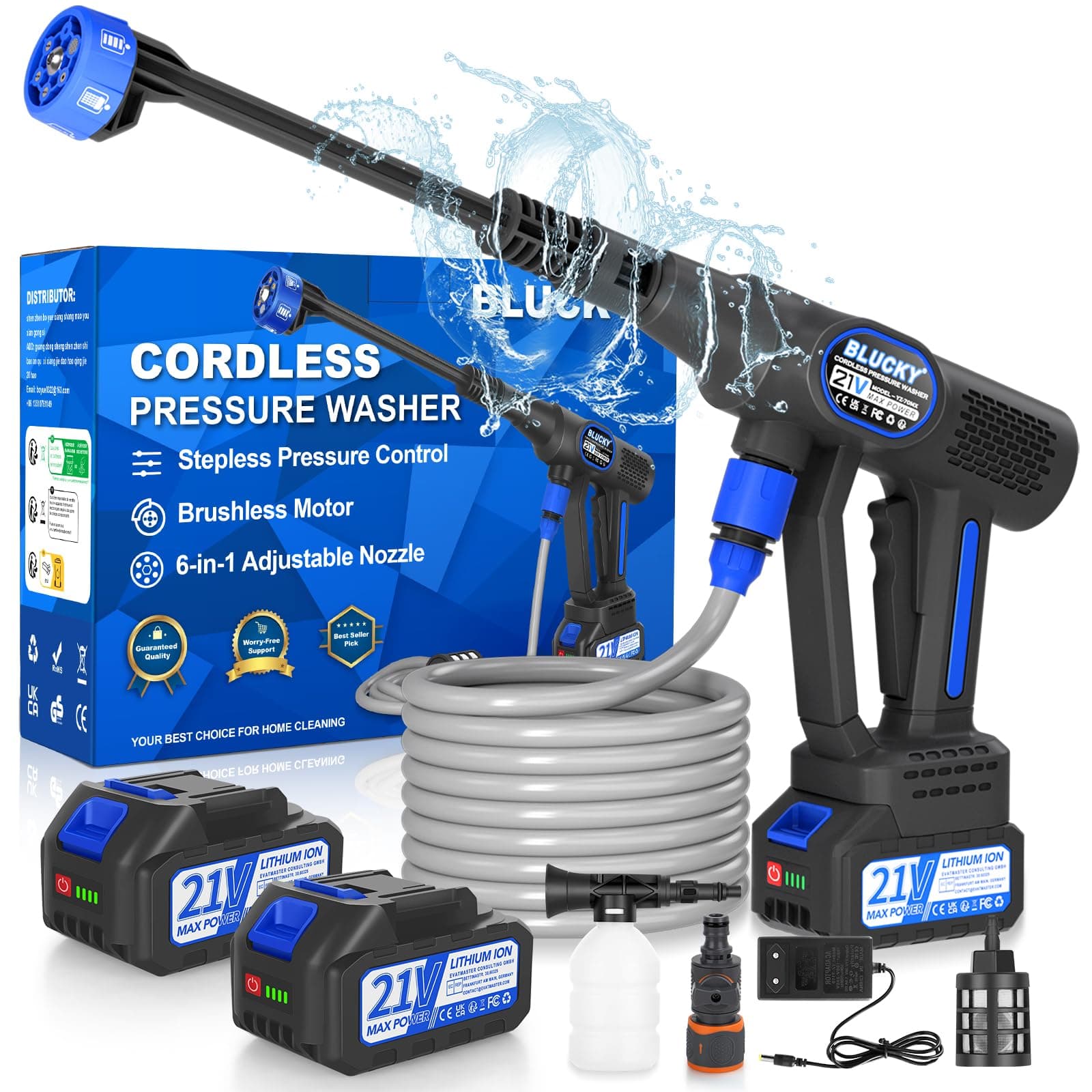 Idropulitrice Portatile a Batteria con Collegamento a Rubinetto Diretto, Ugello 6 in 1 e Controllo Pressione Regolabile per Giardino, Auto e Pulizie Esterne