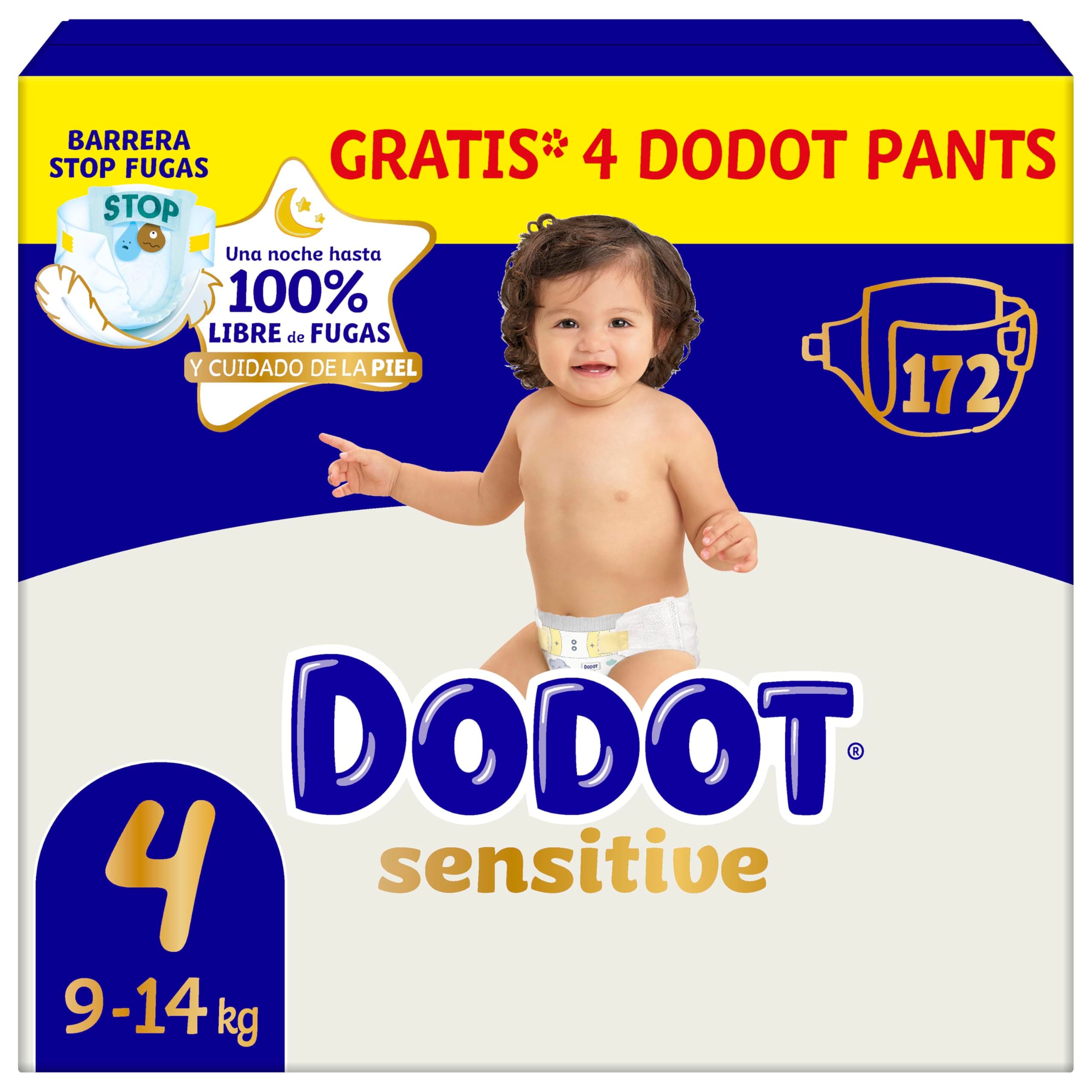Dodot Pañales Bebé Sensitive, Talla 4 (9-14 kg), 172 Pañales + 4 Pants de Regalo, Hasta 12 h De Protección Antifugas y Cuidado de la Piel, Pack Mensual