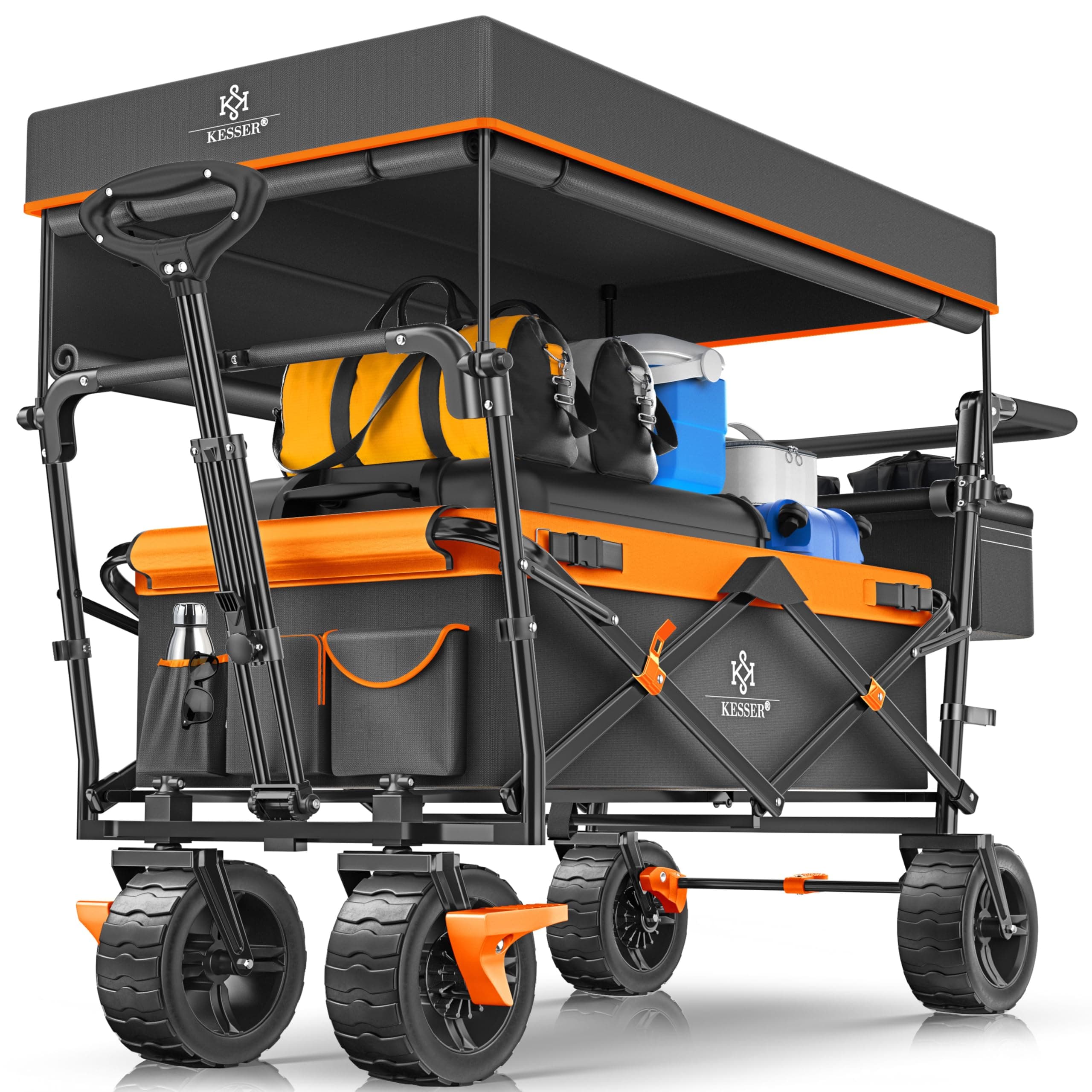 KESSER® XXL Bollerwagen faltbar mit Dach GT9000, klappbarer Handwagen bis 150 kg für Kinder, Strand, Camping & Garten, großer Transportwagen mit Hartgummi Rädern, Bremsen vorne & hinten + Tragetasche
