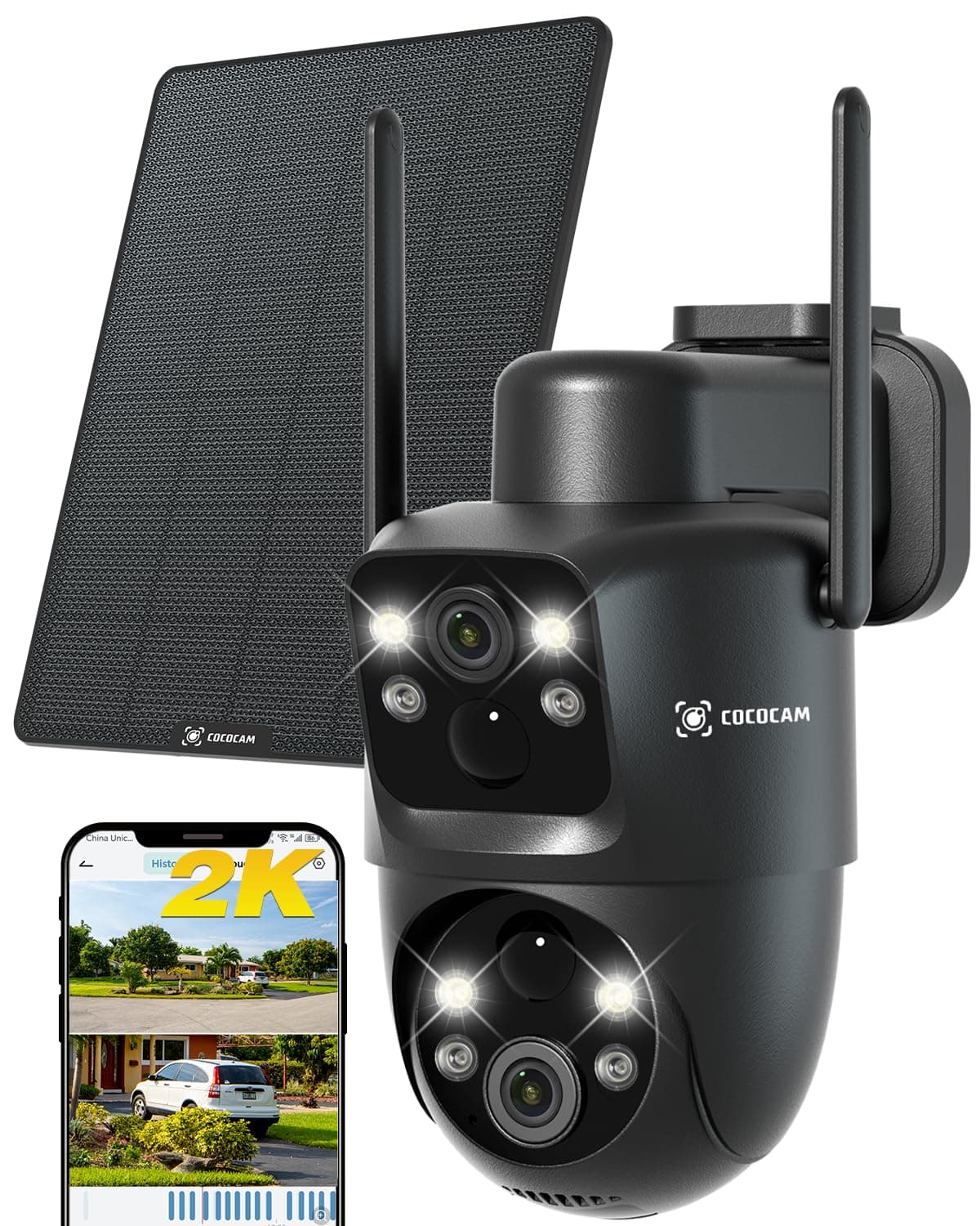 COCOCAM 2K Double Objectif Camera Surveillance WiFi Exterieure sans Fil, 6W Panneau Solaire, Batterie 10000mAh, Double PIR & Détection Humaine IA, Vision Nocturne Couleur, 355°P 90°T, WiFi 2.4G