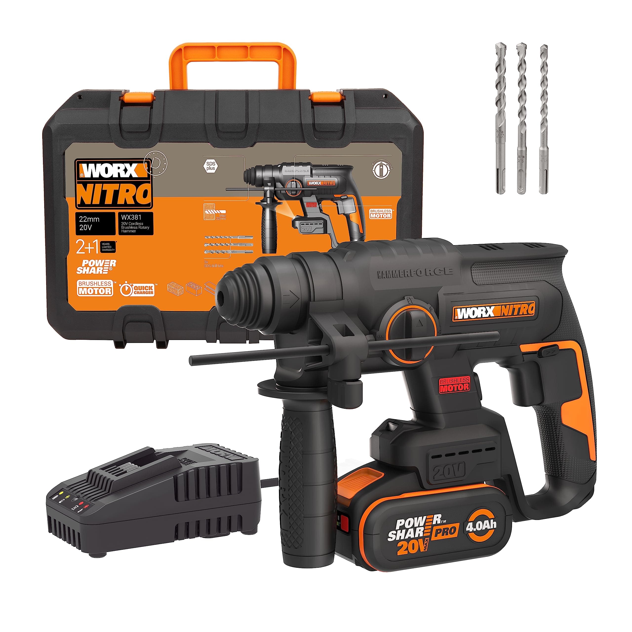WORX WX381 Martillo ligero batería 20v Máx.Motor sin escobillas, perfora hormigón, mampostería y ladrillo de manera eficaz, hasta broca de 18mm, sistema anti vibración. 1 Batería 20V-4Ah y maletín