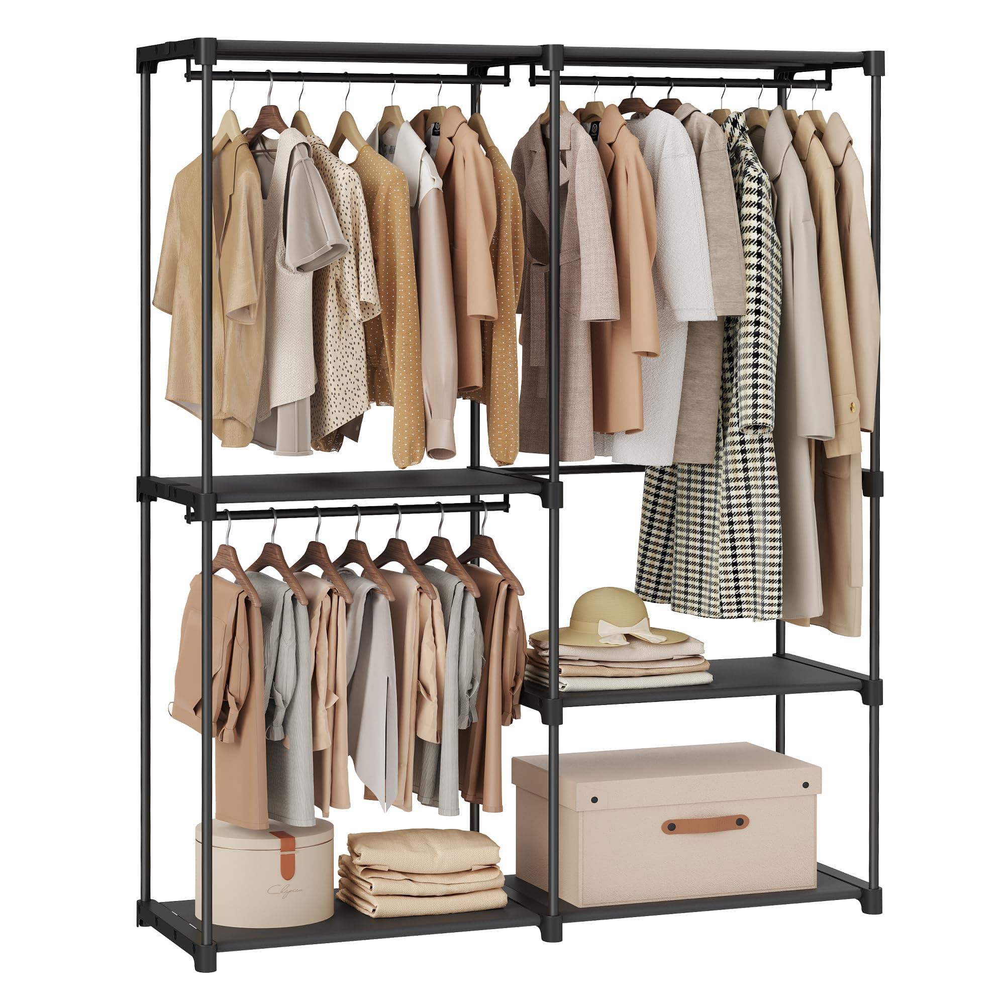SONGMICS Kleiderschrank offen, Kleiderständer, Kleiderstange, Garderobe, 3 Hängefächer, viel Platz, für Schlafzimmer, Wohnzimmer, 138 x 43 x 182 cm, tintenschwarz RYG025B02