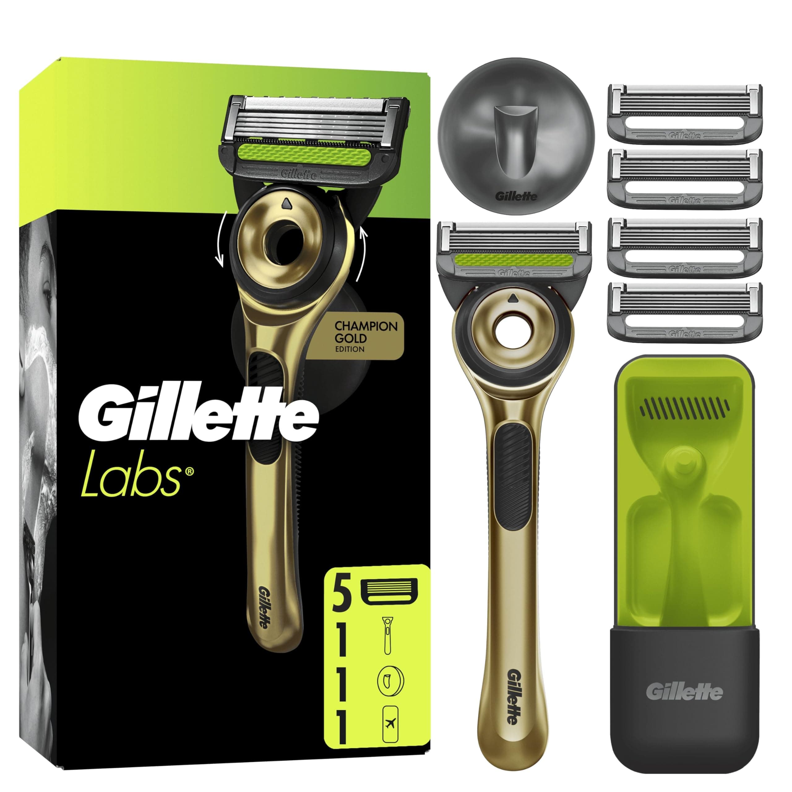 Gillette Labs Rasoir Homme Avec Barre Exfoliante Champion Gold, Manche Réutilisable Et 5 Cartouches De Recharge GilletteLabs A 5 Meilleures Lames De La Marque, Rasage Confortable Du Visage