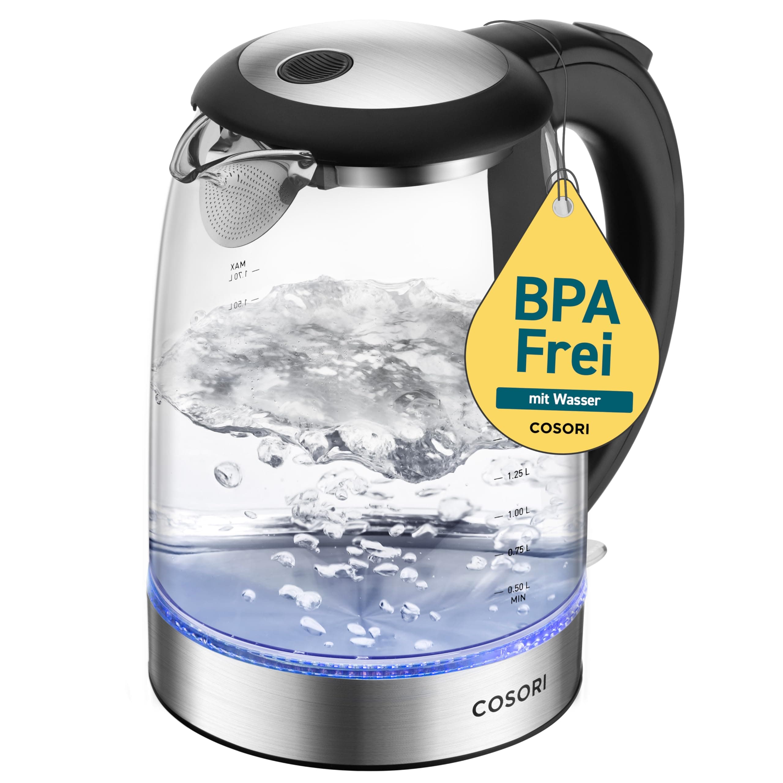 COSORI Glas Wasserkocher 1,7 L, kocht in 2 Minuten, wasserberührende Teile plastikfrei, 304er Edelstahl-Kalkfilter, 2200 W, Überhitzungsschutz, 360° drehbarer Sockel, Schwarz